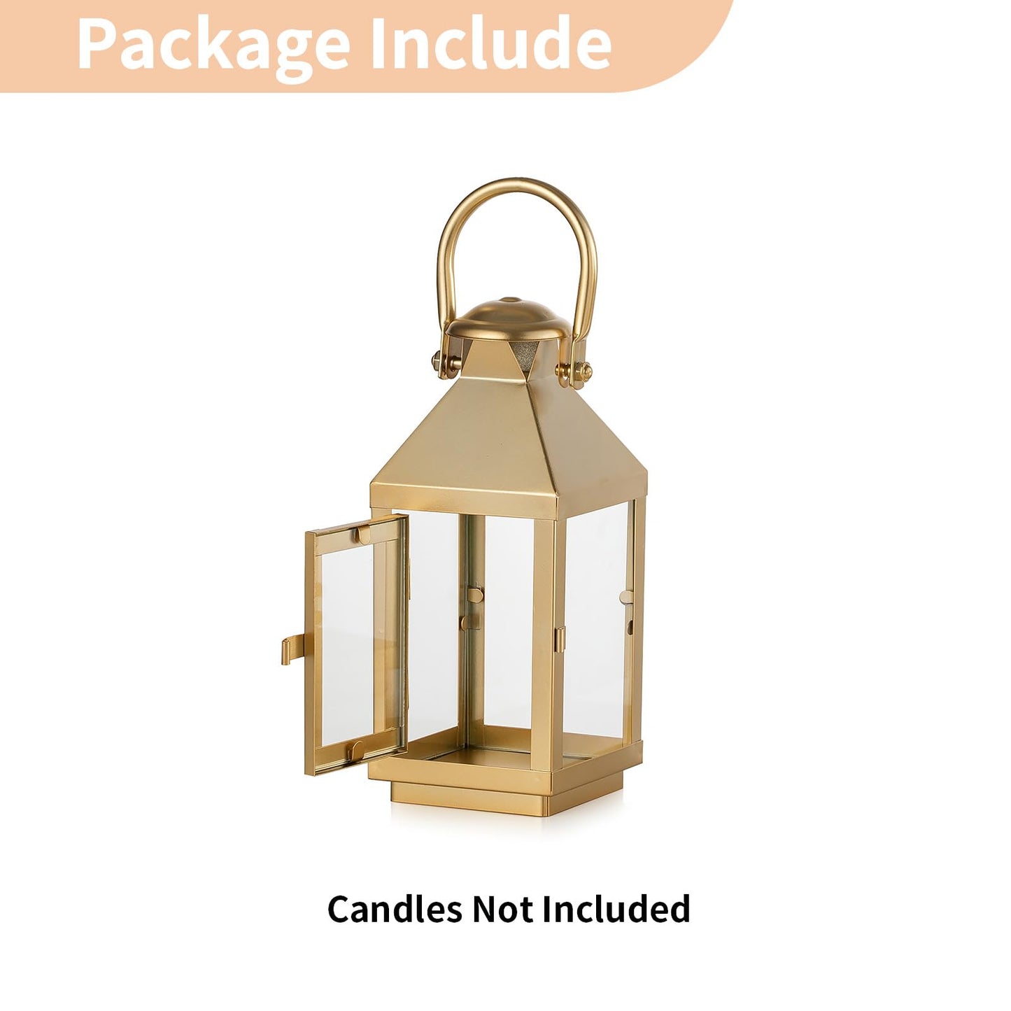 NUPTIO Gold Lanterns Decorative Indoor: 8.6 Inch Tall Metal Lantern with Glass for Pillar Candle - Fireplace Decor for Christmas Home Living Room Mantle Porch Wedding