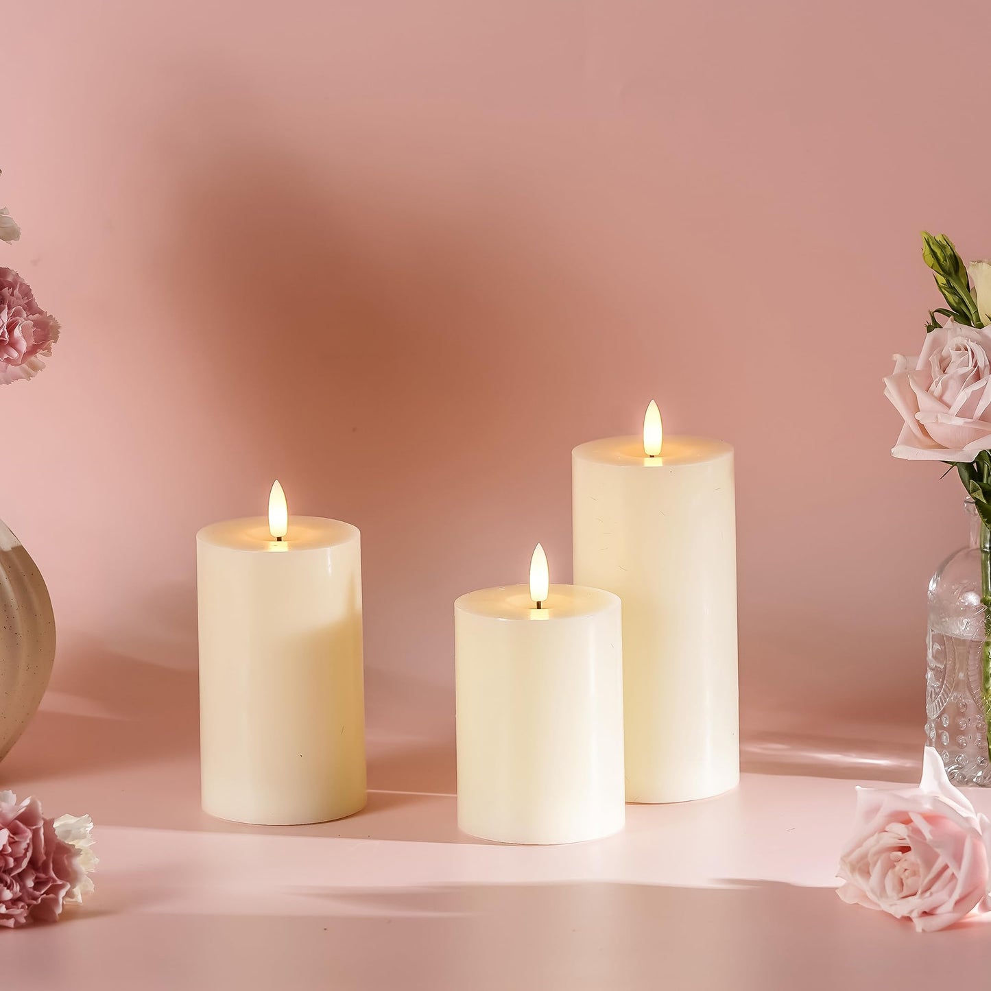 Stmarry Ivory Flameless Candles with Remote and Timer, Real Wax Made LED Pillar Candles Battery Operated with 3D Flickering Flame - 3" x 4",5",6" - Set of 3