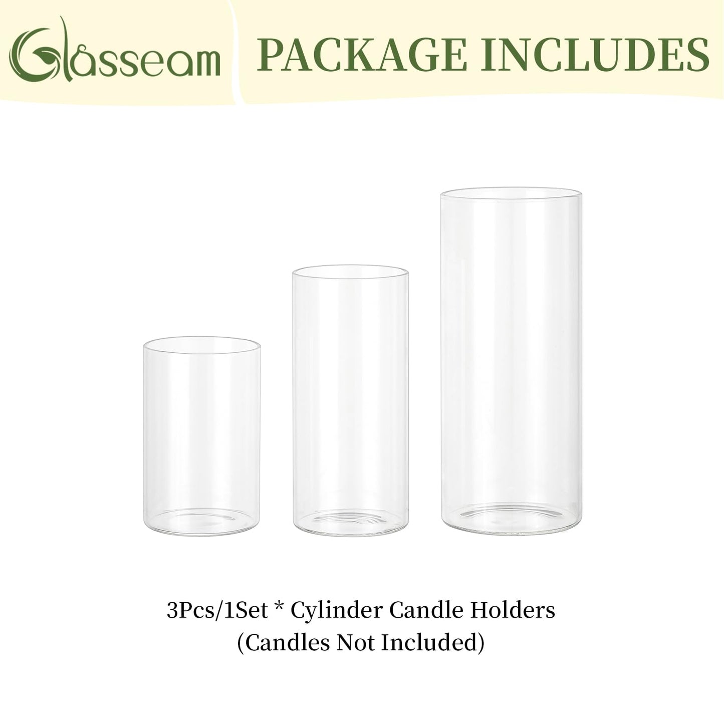 Glasseam Hurricane Glass Candle Holders: 3 Pcs Clear Cylinder Vases for Centerpieces Large Pillar Candle Holder for Floating Candles Modern Home Decor Wedding Table 5.3'' 7.3'' 9.5'' Height
