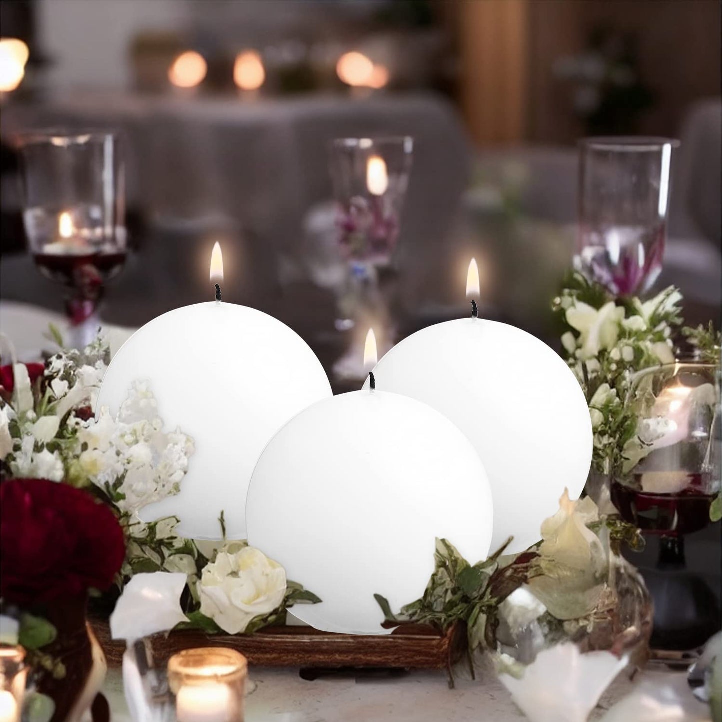 Ball Pillar Candles Set of 3 White 3Inch Unscented Handpoured Weddings, Home Decoration, 75 Hour