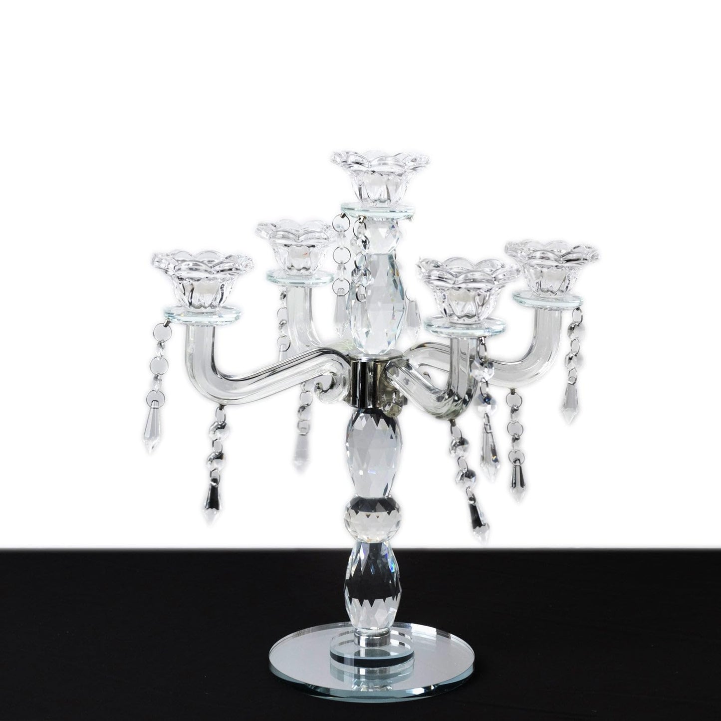 Efavormart Crystal 5-Arm Candelabra Taper Candle Holder with Hanging Prisms & Round Mirror Base – Faceted Cut Glass Design - 14" Tall