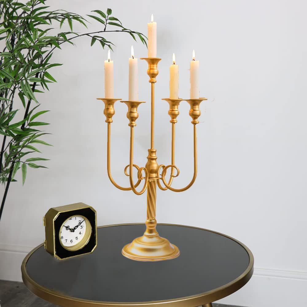 Metal Candelabra Gold Candle Stand 20in Tall, 5-Candle Candlestick Holder for Taper Candles, Candle Holder for Wedding Centerpiece Christmas Valentine Holiday Party Event Reception Decor, 2Pcs
