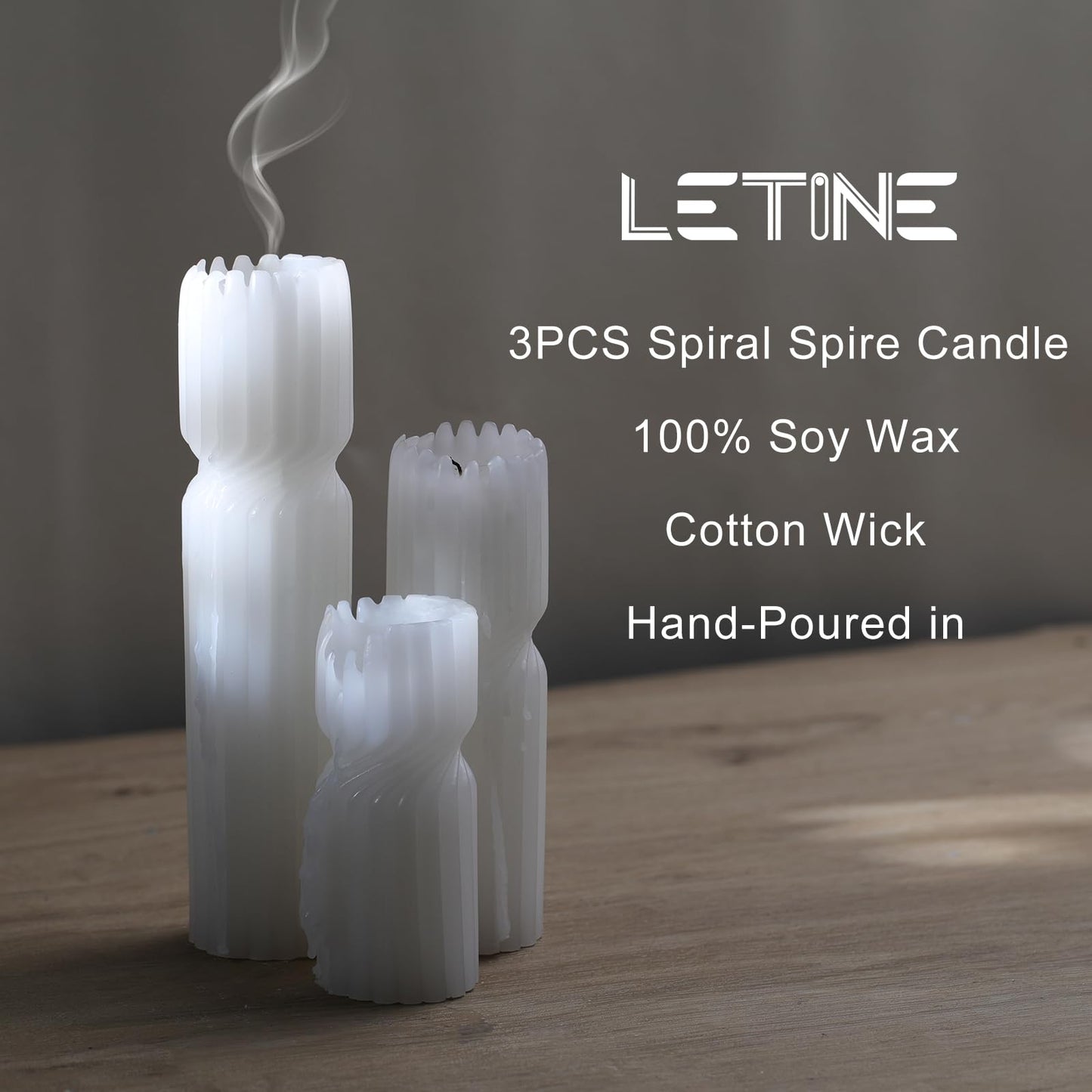LETINE Ribbed Pillar Candles Set of 3 - White Unscented Soy Wax Spiral Spire Candles for Home Decor, Bulk Candles for Entryway Table, Living Room, Shelf & Coffee Table Decor Aesthetic