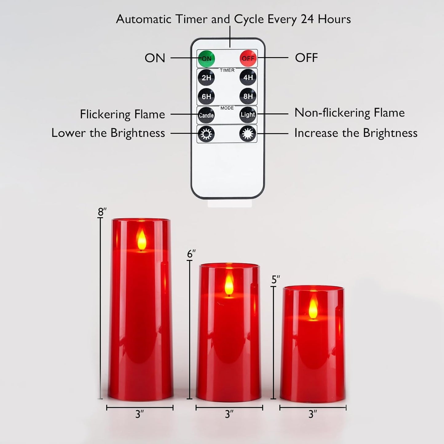 Homemory Christmas Red Flickering Flameless Candles, Battery Operated Acrylic LED Pillar Candles with Remote Control and Timer, Set of 9