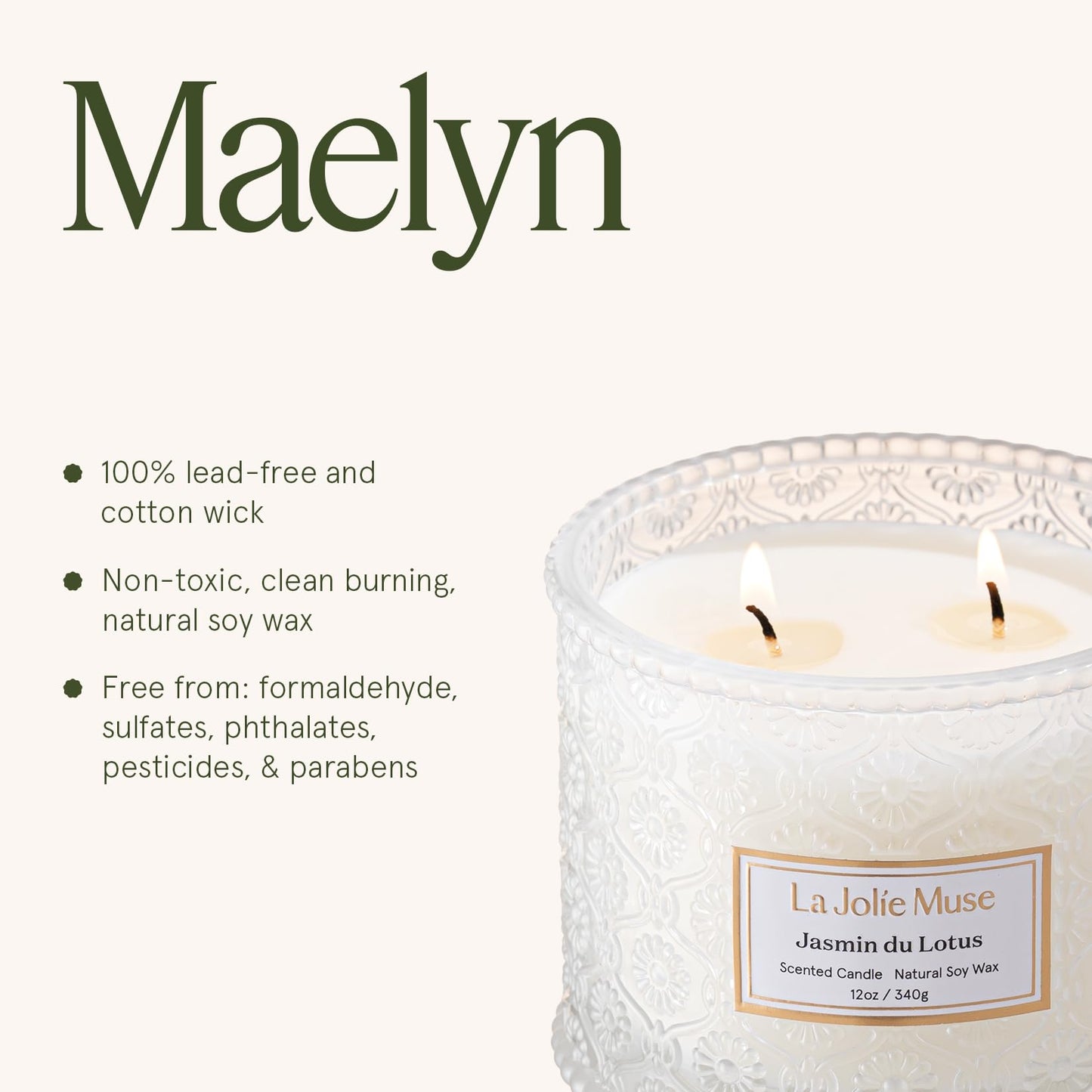 LA JOLIE MUSE Jasmine Lotus Scented Candles for Home | 2-Wick Non Toxic Natural Soy Floral Candles | White Large Jar Candle for Women | Luxury Gifts for Mom | 12 oz