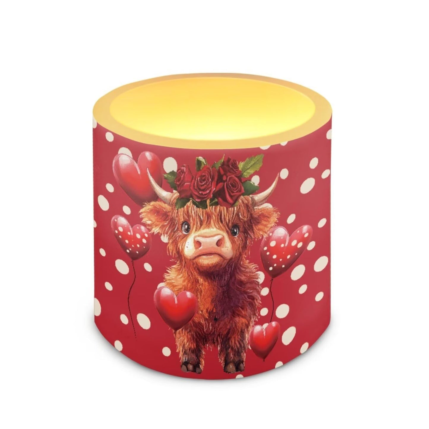 Merkmak 4 Pack Flameless Candles with Remote Battery Operated Pillar Candles with Timer Highland Cow Heart LED Elictric Tealights for Valentines Day Dining Table Decorations
