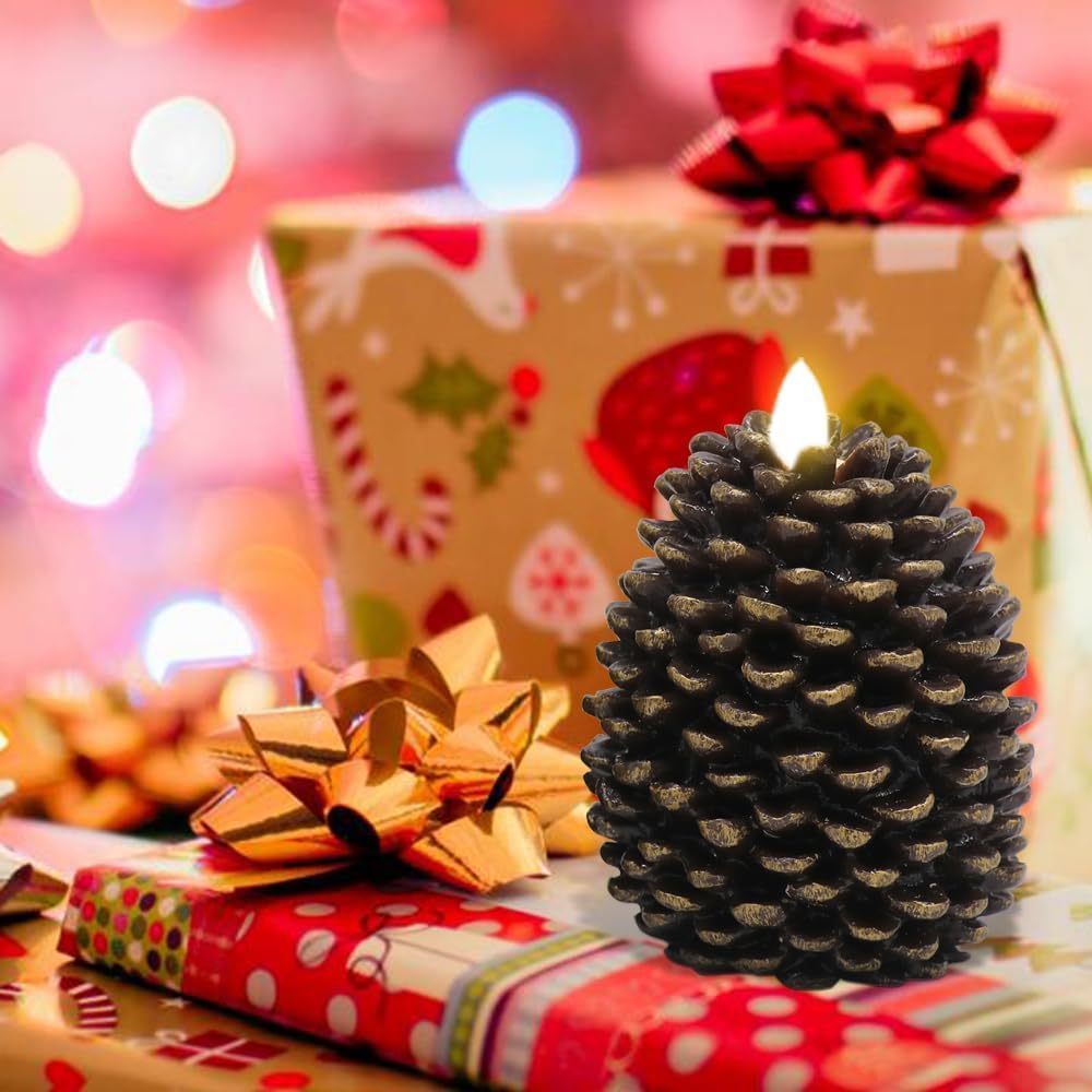 Eldnacele Christmas Flameless Candles with 6 Hour Timer, Battery Operated Hand Painted Pine Cone Real Wax 3D Wick Flickering LED Pillar Candles for Dinner Indoor Holiday Xmas Decor(2Pcs, D3×H5.7)