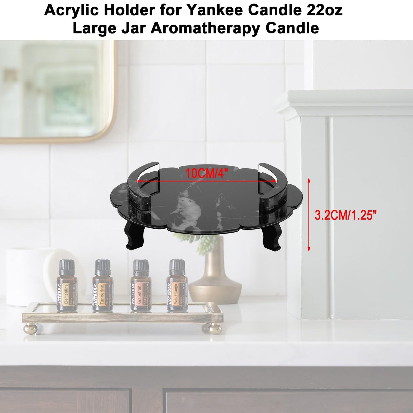 Beautyflier Scented Candle Holder Tray, Pedestal Candle Stand for Yankee Candle Classic 22oz Large Jar Single Wick Scented Candle, Marble Pattern Acrylic Candles Plate, Holder Only (Black, 2pcs)
