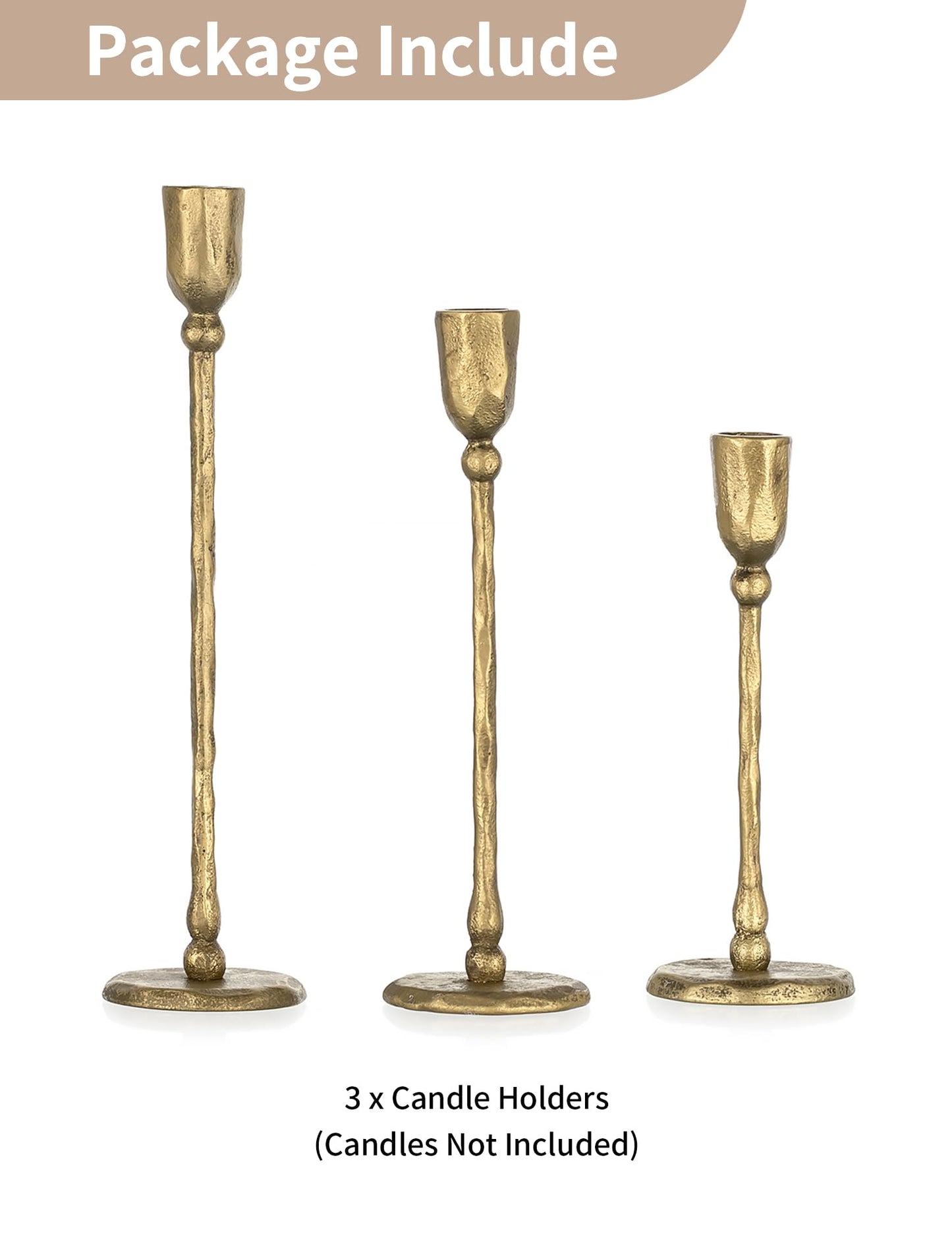 NUPTIO Iron Taper Candle Holders: Antique Brass Candlestick Holder for Thanksgiving Christmas Party - Set of 3 Tall Gold Candles Stick Decor for Fireplace Table Centerpiece