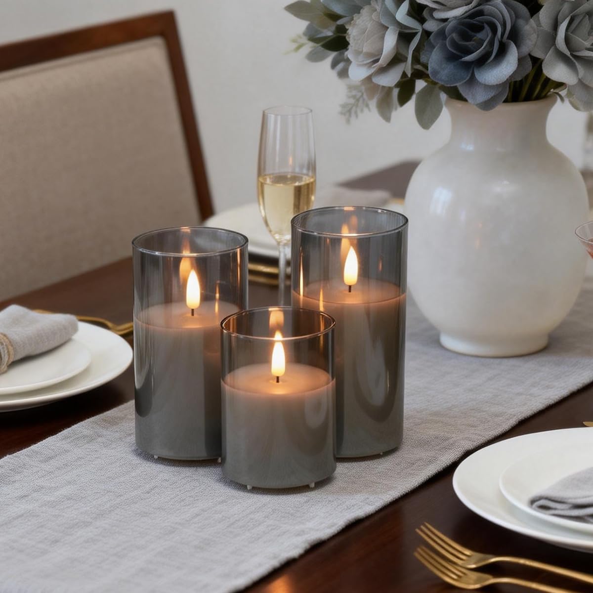 NICE POINT Rechargeable Flameless Candles, Flickering LED Flame Pillar Glass Fake Candles with Remote and Timer,Real Wax Flameless Candles for Living Room, Bedroom & Holiday Décor(Gray)