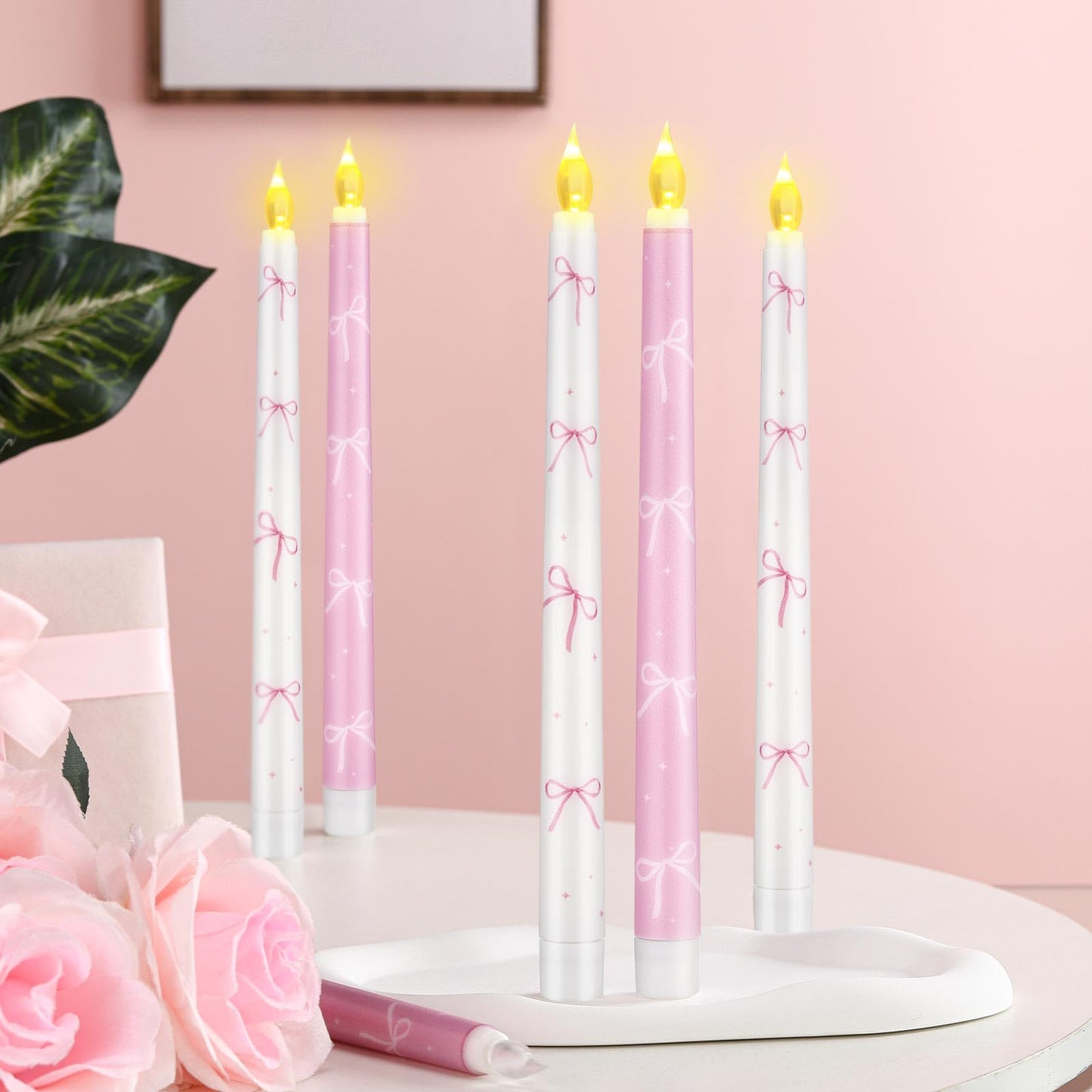 Conelist 6 Pcs Pink Bow Flameless Taper Candles 10.6 Inch Coquette LED Battery Operated Candles for Birthday Bridal Wedding Dinner Room Decor