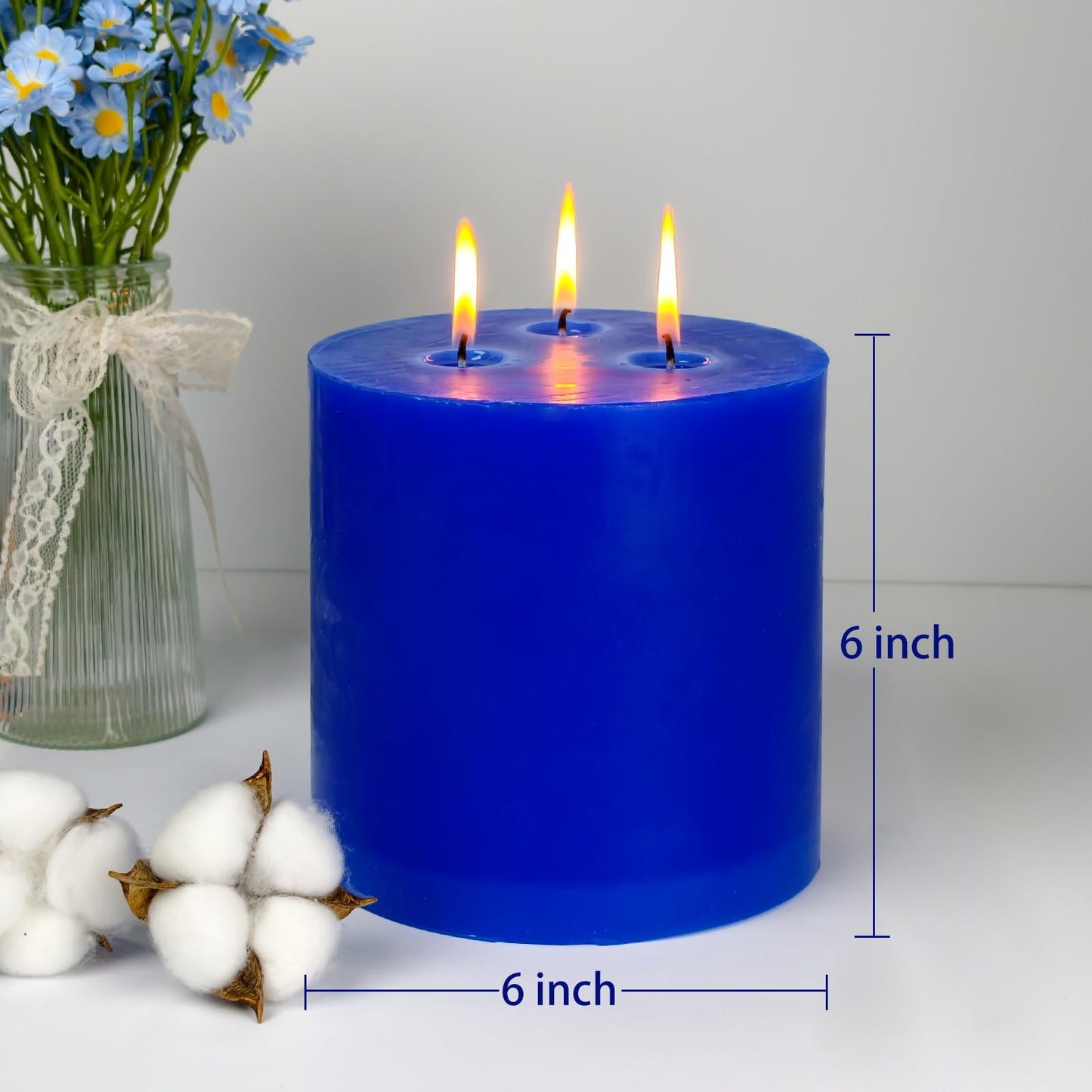 6" x 6" Blue Hand-Poured Candle, Dripless & Clean Burning (120 Hours), Unscented Rustic Pillar, Perfect for Men's Gift, Nautical Theme Weddings, Blue & Gold Party Decor