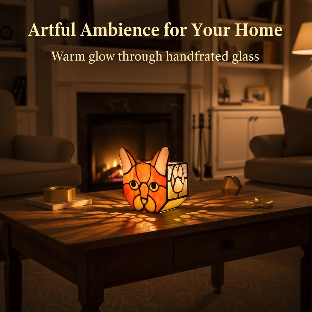 Entlityful Stained Glass Cat Tea Light Holder, Orange Cat Decorative Candle Holder, Handcrafted Animal Design for Home Decor,Cute Plant Pots,Cat Lover Gift
