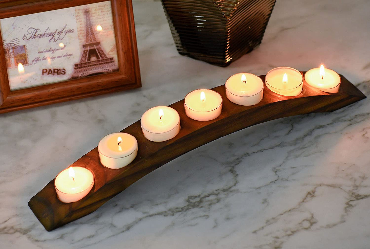Long Wooden Bridge Tealight Candle Holder, 7 Holes - Candle Centerpieces for Tables - Rustic Wooden Color