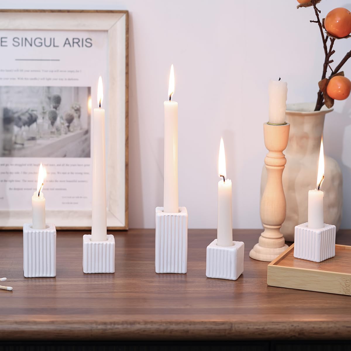 LETINE 12pcs White Vertical Stripe Glass Candlestick Holders - Chic Taper Candle Sticks Holder Set for Elegant Dining & Home Decor - Ideal for Wedding Centerpieces, Parties, and Celebrations