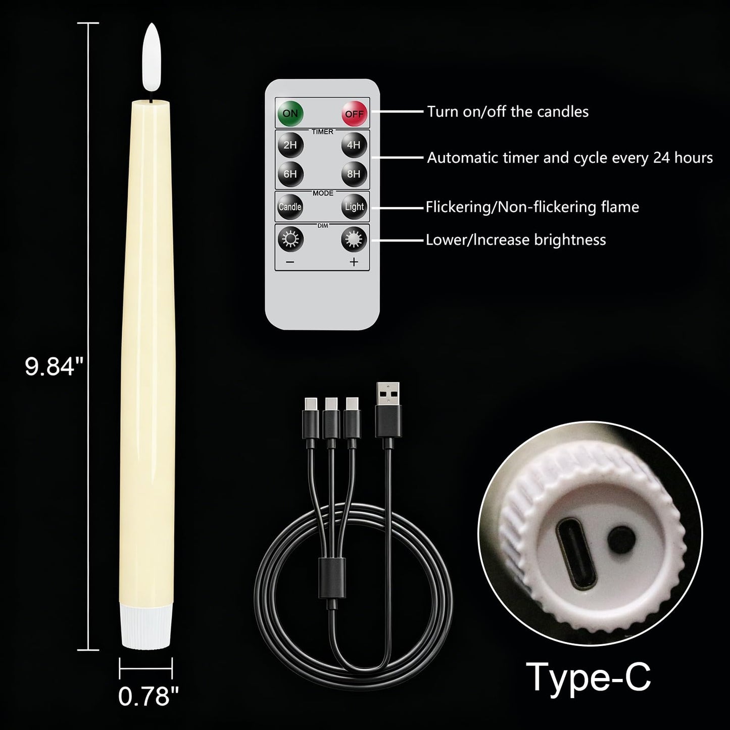 GenSwin Rechargeable Flameless Taper Candles, 3 Pack Ivory LED Taper Candles Battery Operated with Remote Timer, Real Wax Flameless Candlesticks for Christmas Holiday Home Decor