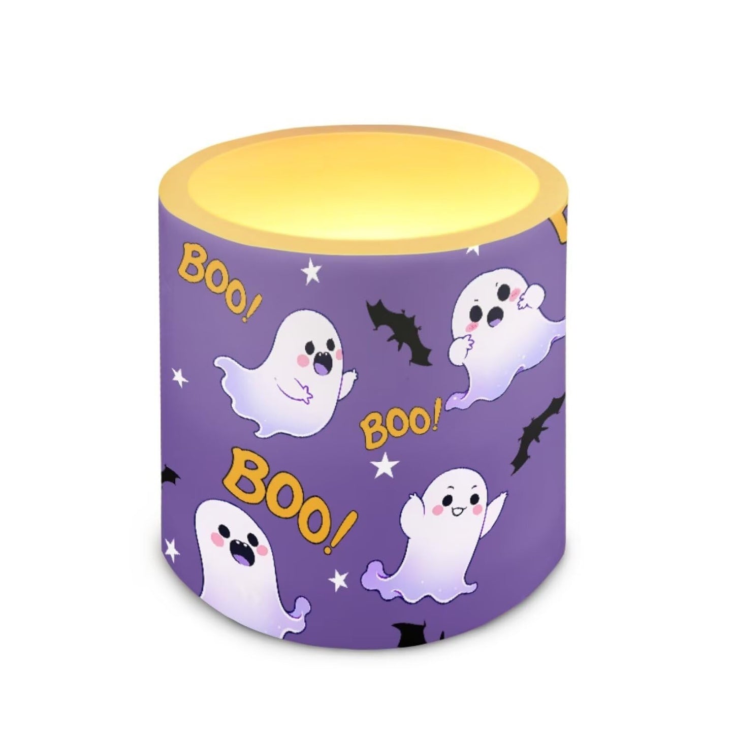 Merkmak Halloween Ghost Bat Print Battery Operated Flameless Candles with Remote and Timer Flameless LED Pillar Candles for Banquet Party Home Decorations 4 Pack Tea Lights Bulk