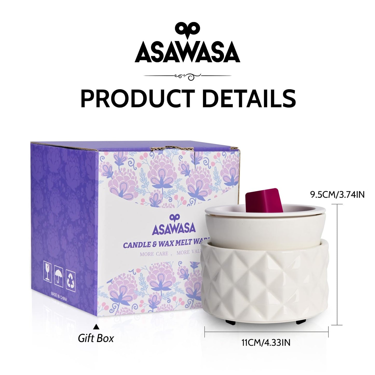 ASAWASA Ceramic Candle Warmer for Large Jars, Wax Melt Warmer with 1 PC Silicone Liner,4-in-1 Electric Warmer for Jar Candle Wax Cube Essential Oil Coffee Tea Mug, Ideal Gift for Home Office