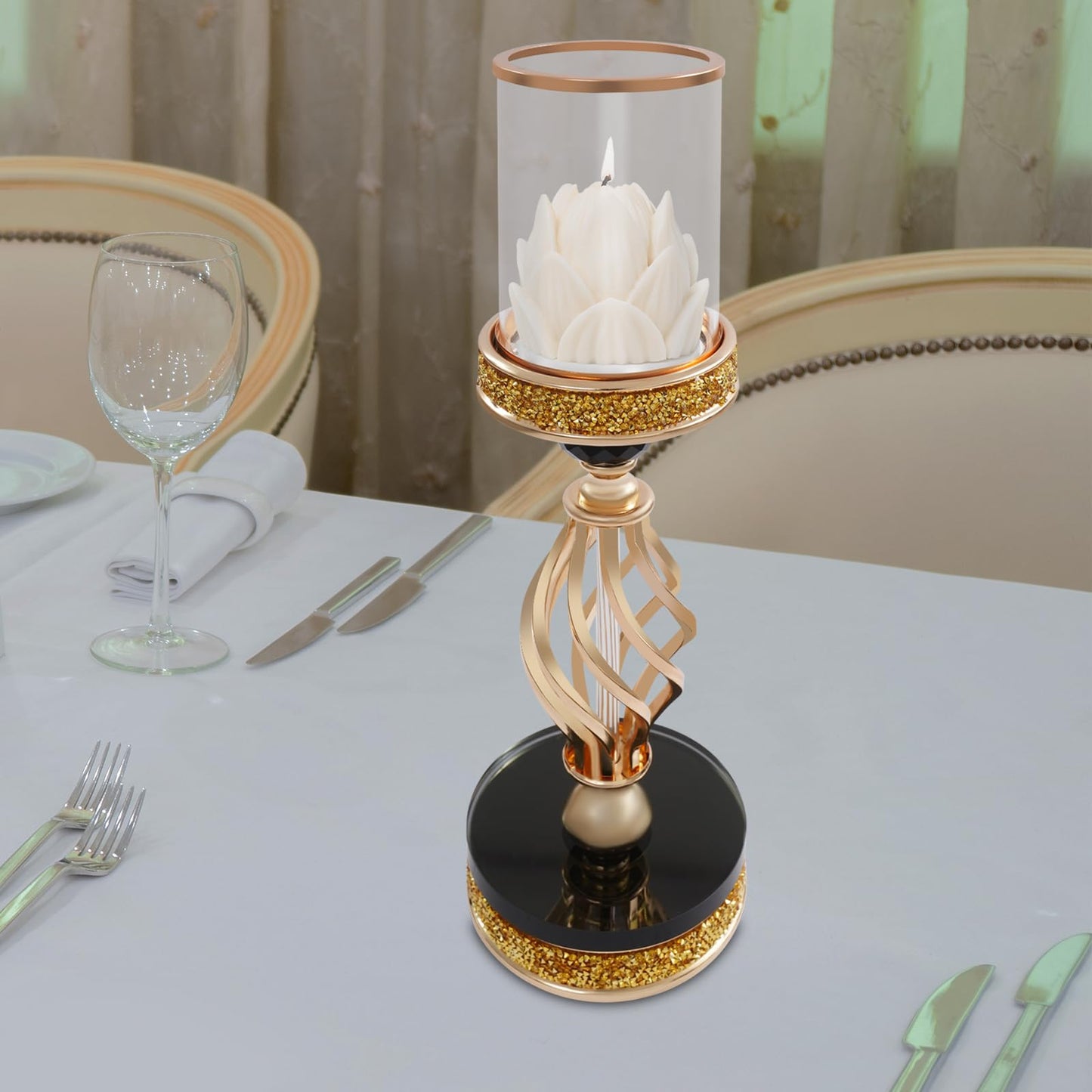Candle Holder, Crystal Candlesticks Holder Set, Tabletop Pillar Candle Holders for Wedding, Parties, Events, Chirstmas, Home Decor, Table Centerpieces (Gold 01, L)