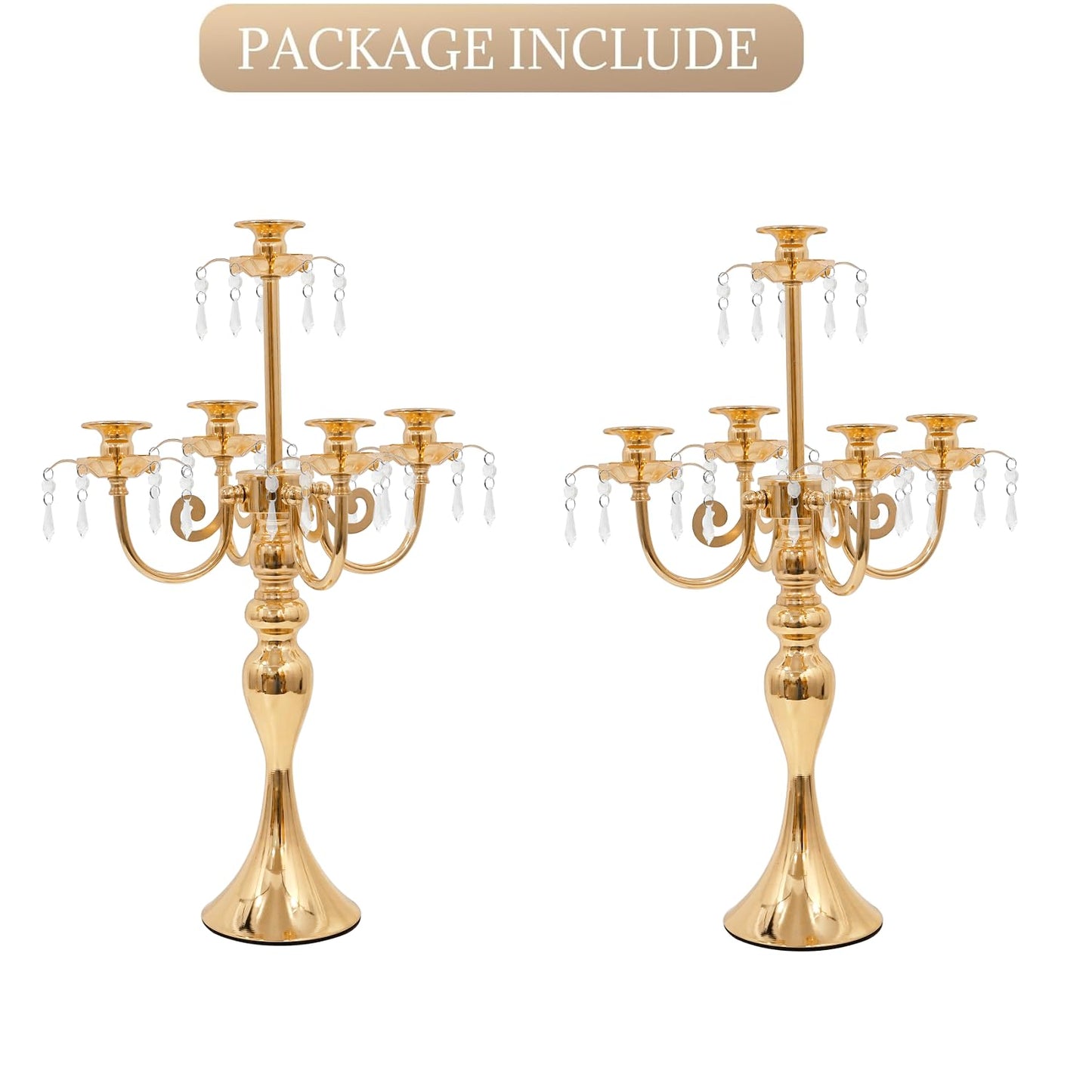 Candelabras Centerpieces for Tables, 20" Tall Candlestick Holder for Taper Candles, 5 Arm Crystal Candelabra Candle Holder for Wedding Centerpiece Decor Party Event Reception Decoration (Gold)