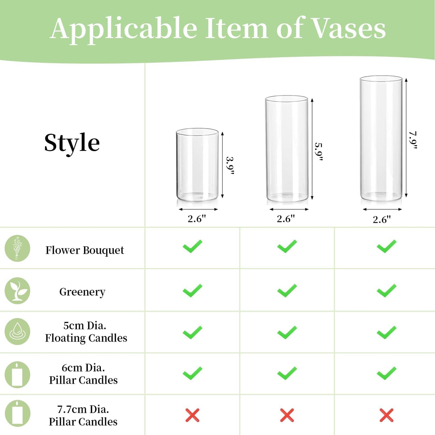 Glasseam Clear Cylinder Vases Set, 24Pcs Glass Vases for Centerpieces Bulk, Modern 2" Floating Candle Centerpieces for Decor, Hurricane Candle Holders for Wedding Table Decorations, Tall 4"+6"+8"