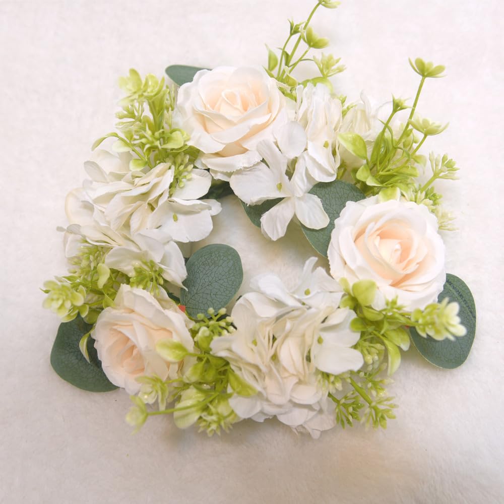 4 Pcs Candle Rings Wreaths,Artificial Hydrangea Wreath Candles Wreaths for Pillars Christmas Wedding Home Table Party Decoration (White)