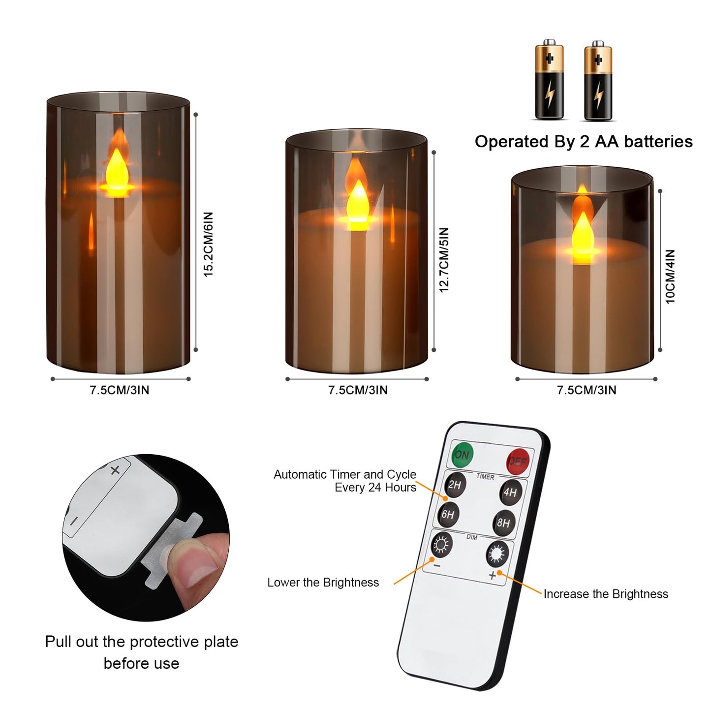 wemarry Flameless Candles 4" 5" 6" Acrylic Glass Pillars 3" Diameter Battery Operated Flickering Candles Include 8-Key Remote with Timer Function 400+ Hours (Gray, Warm Light 3 Pack)