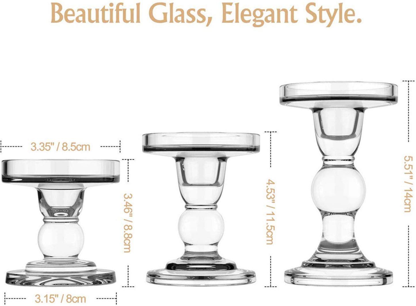 3 Pcs Glass Candle Holders for Pillar & Taper Candle Elegant Crystal Candlesticks Home Décor