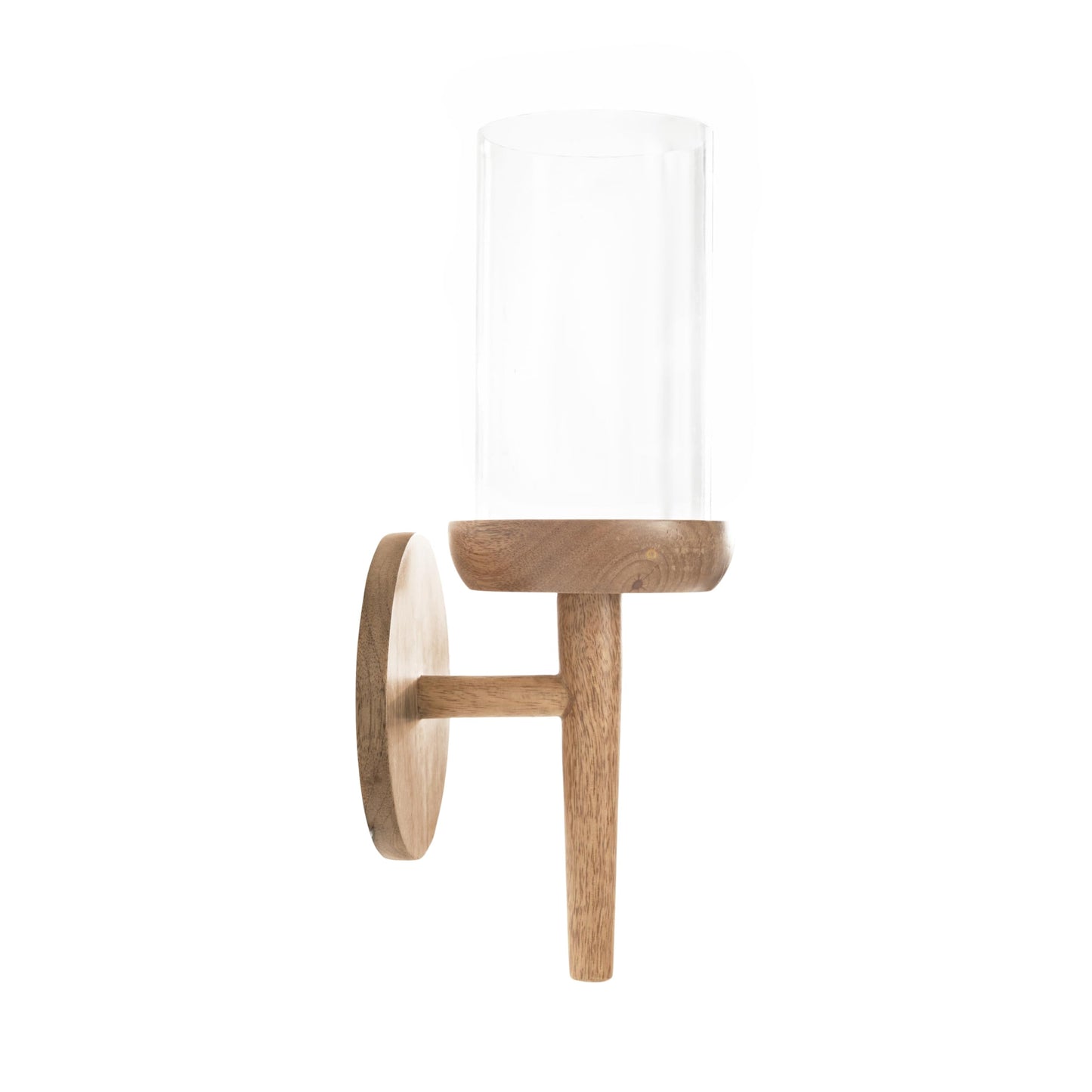 Kate and Laurel Shae Transitional Wooden Wall Sconce; 5 x 5 x 13; Natural Wood; Rustic Candle Holder with Removable Glass Cylinder for Flameless Pillar Candles