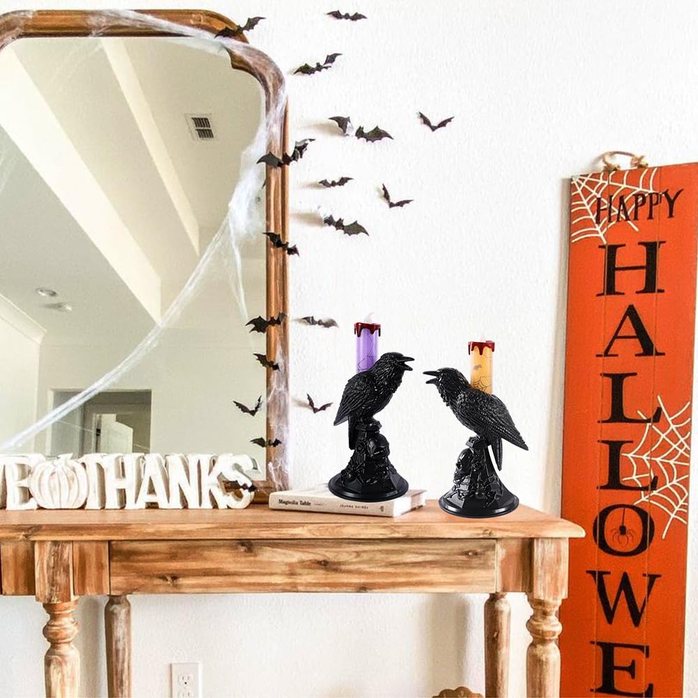 2Pack/Set LED Raven Halloween Flameless Candles, Black Crow Skull Statue Candlestick, Purple and Orange Glowing Light Flickering Candle Holder Halloween Table Lamp Scary Ornaments Home Decorations