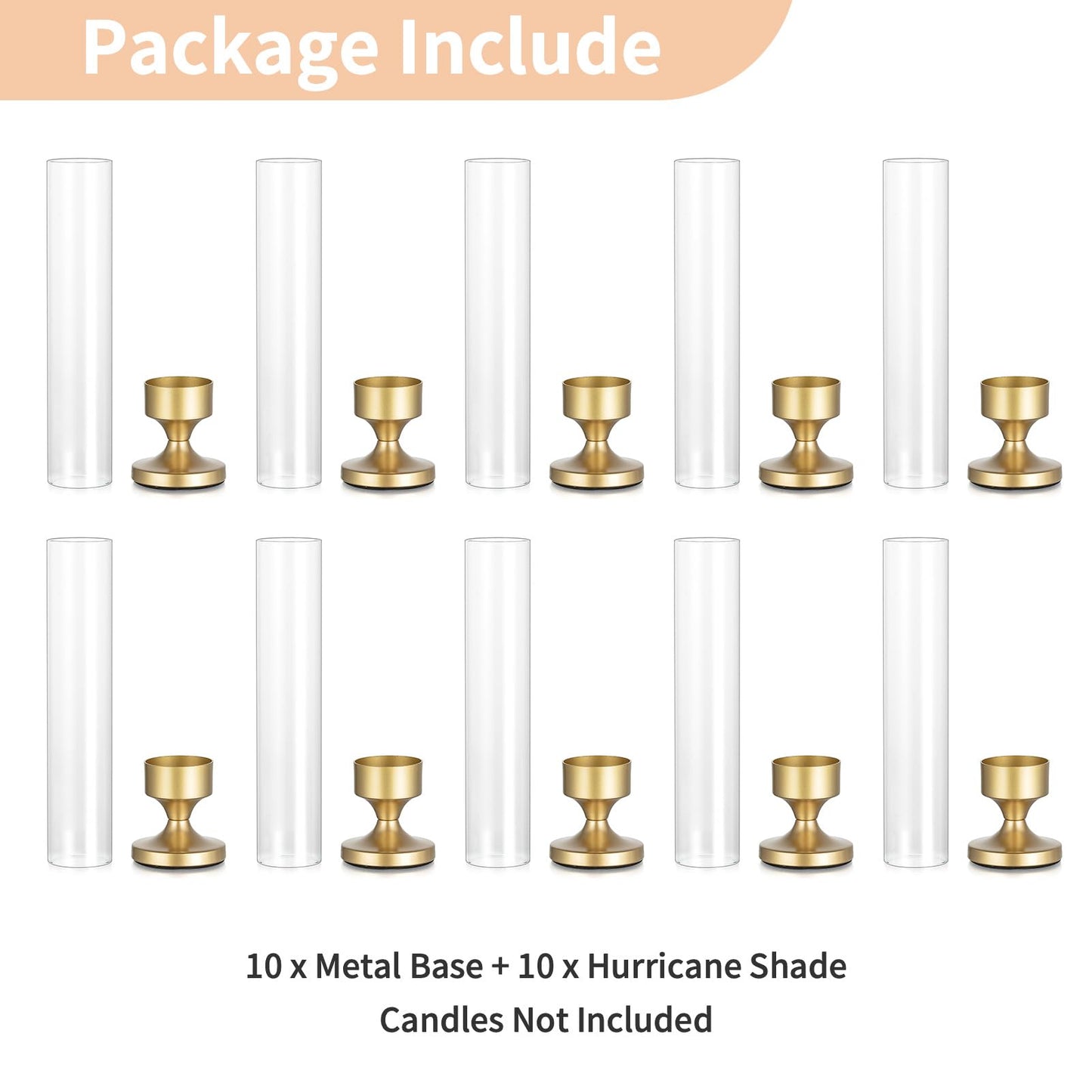 NUPTIO Hurricane Glass Candle Holder: Set of 10 Metal Taper Candle Holders with Sleeves - Gold Candlestick Holders Bulk for Outdoor Party Wedding Table Centerpiece Decoration