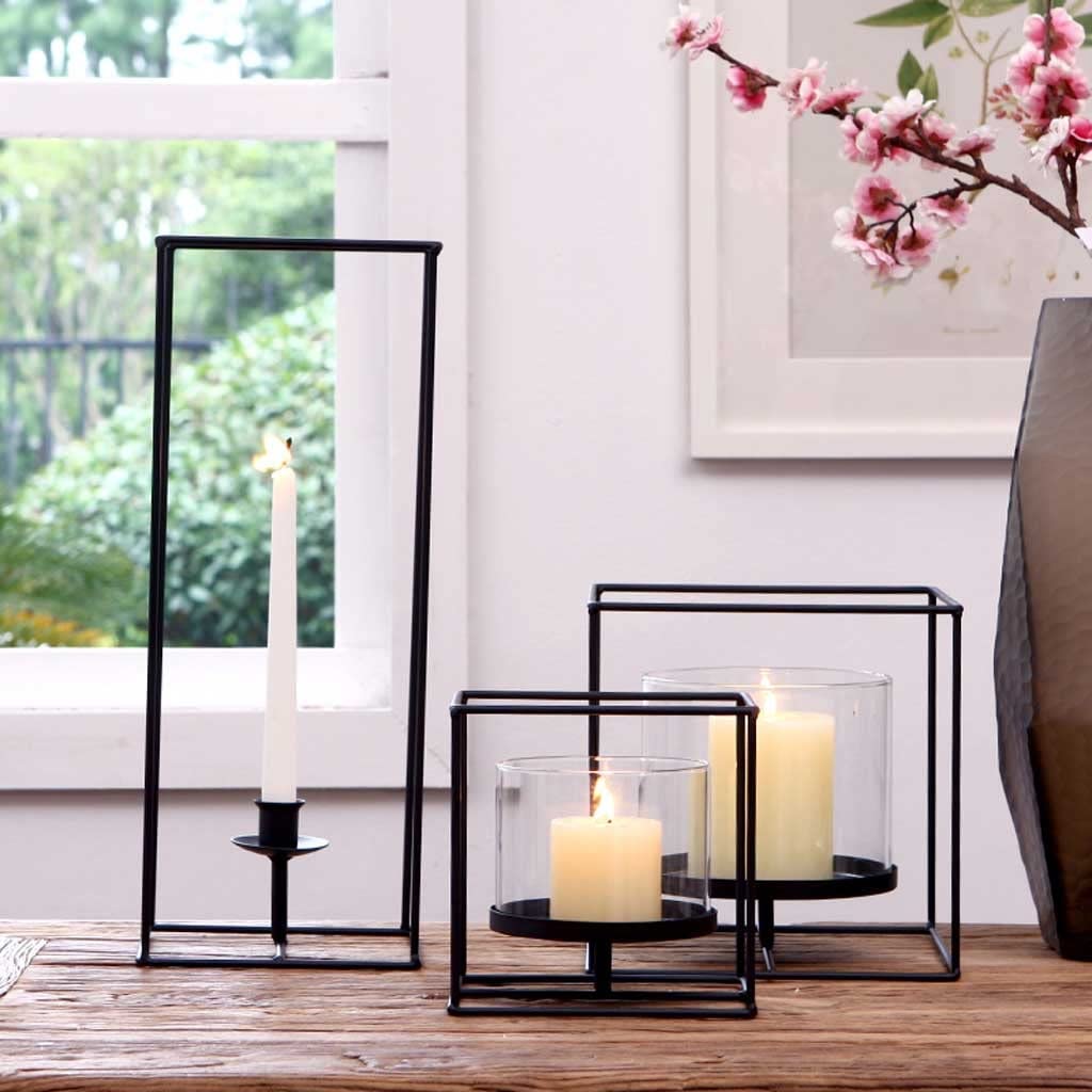 Candle Holder Black Pillar Candle Holders, Glass Candle Stick Holder with Geometric Metal Rack Stand for Living Room Wedding Birthday Housewarming Table Centrepiece Candlestick (Color : Gold)