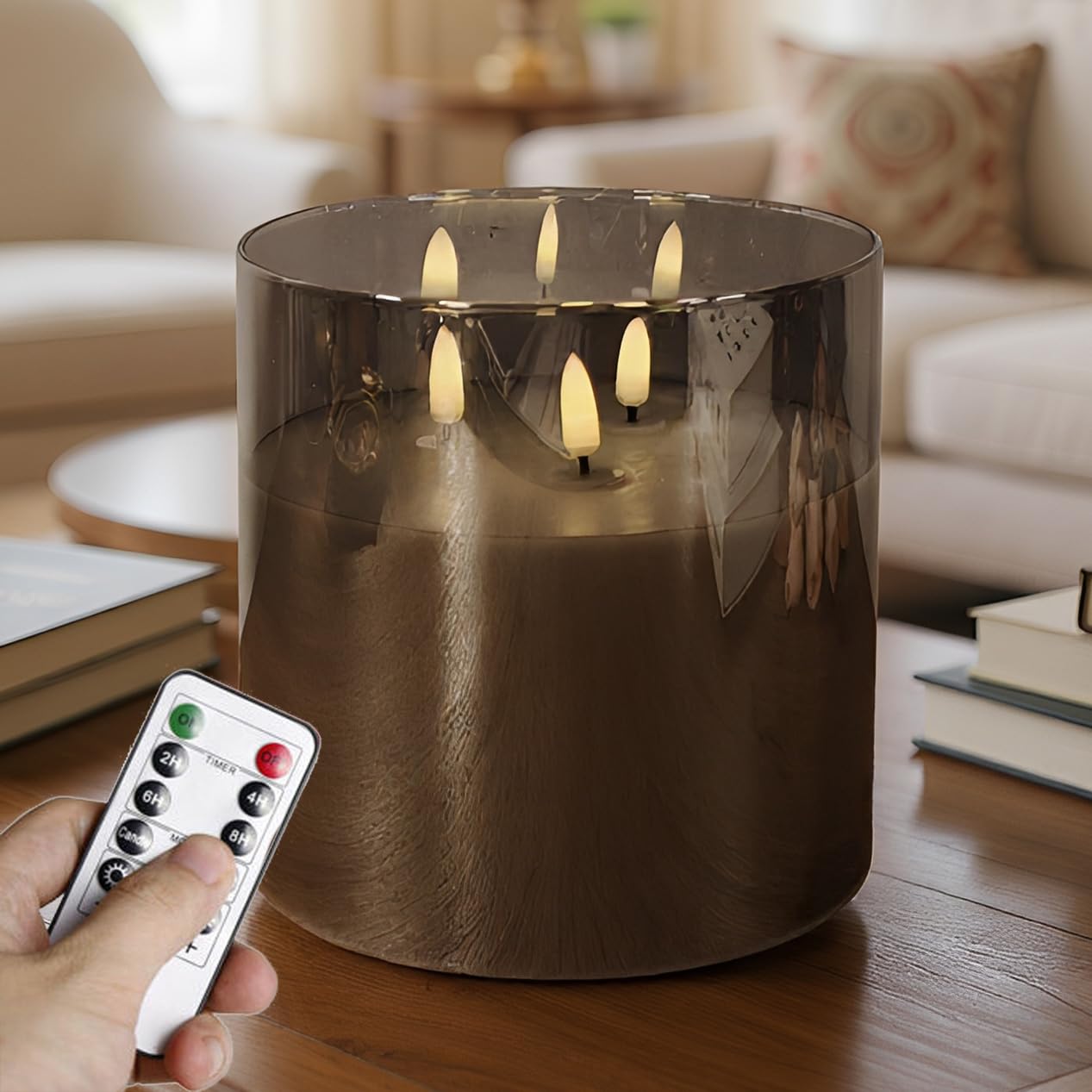 NICEME Extra Large 3 Wick Battery Operated Candle, 6"x6" Big Clear Glass Flameless Candles with Remote, Real Wax Flickering Led Pillar Fake Giant Candle for Wedding Party Holiday Home Decor, Grey