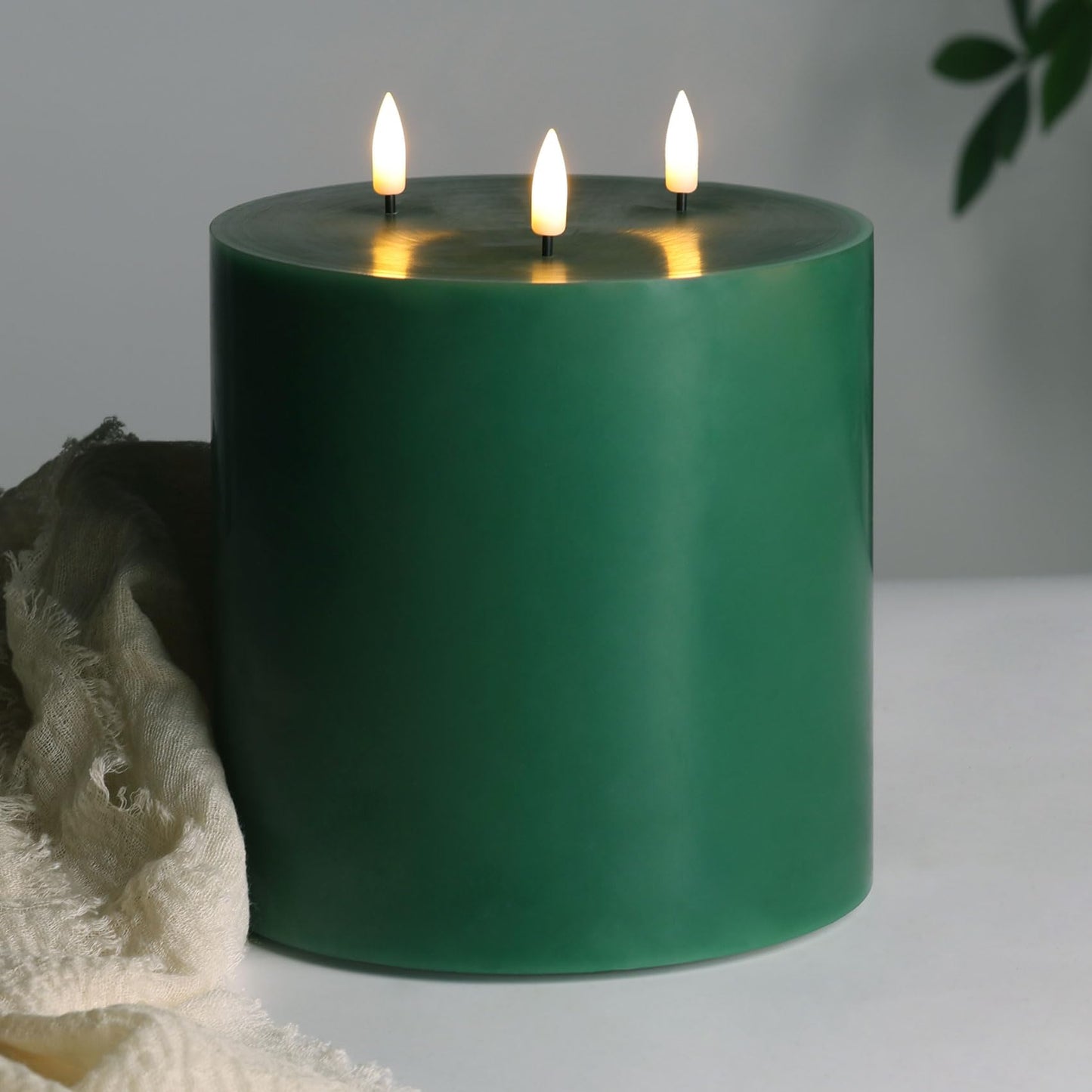 Eywamage Green 3 Wick Flameless Pillar Candle Φ 6" H 6", Giant Real Wax Flickering LED Candle with Remote