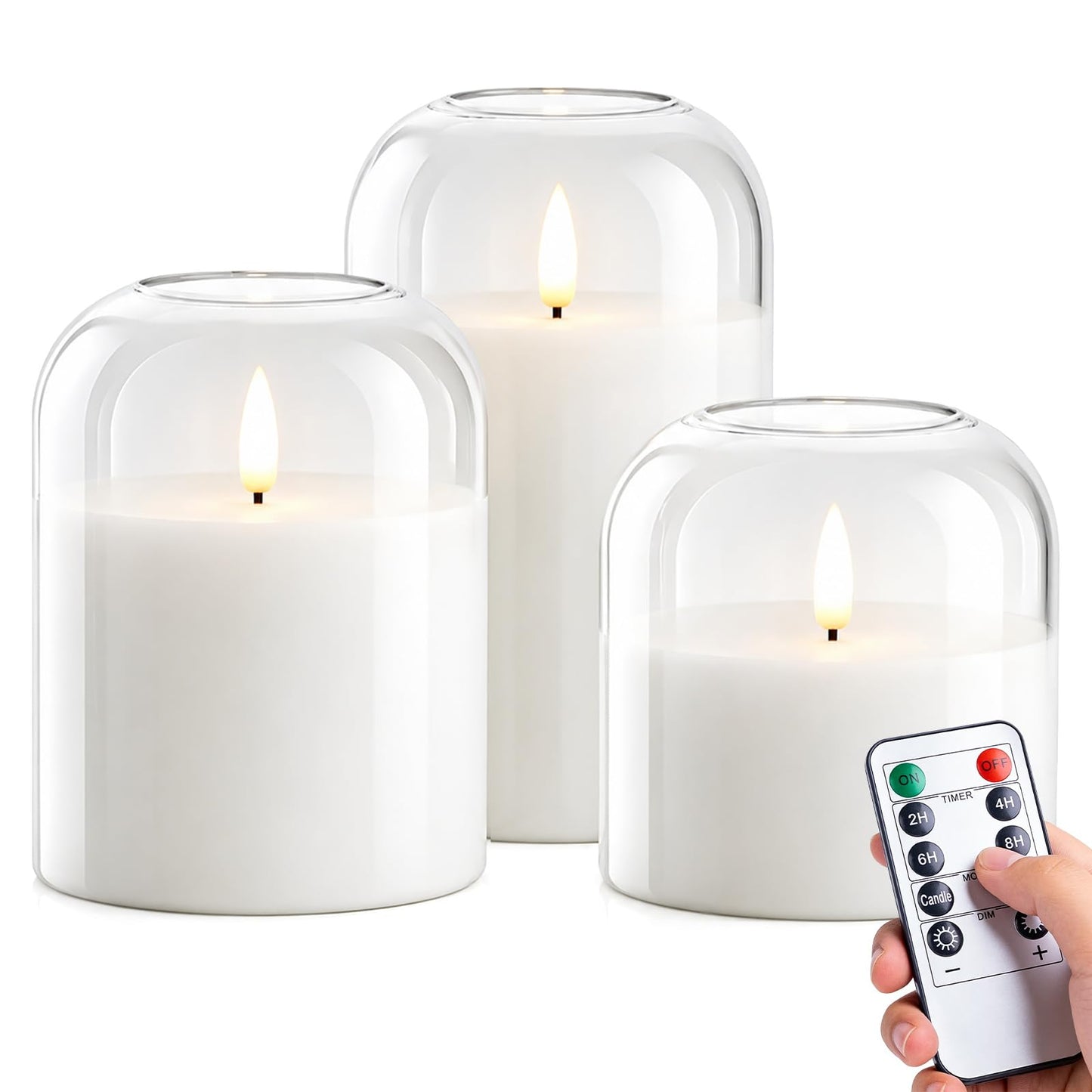 Flameless LED Pillar Candles with Remote and Timer, 3-Pack Clear Glass Battery Operated Candles, Classic Elegant Home Decor, Realistic Flickering 3D Wick for Wedding, Christmas Mantel, Shelf, White