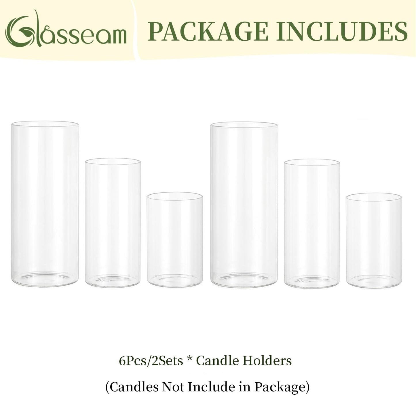 Glasseam Hurricane Glass Candle Holders: 6 Pcs Clear Cylinder Vases for Centerpieces Large Pillar Candle Holder for Floating Candles Set Modern Home Decor Wedding Table 5.3'' 7.3'' 9.5'' Height