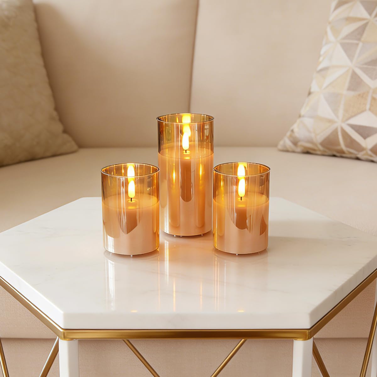 NICE POINT Rechargeable Flameless LED Gold Glass Candles–Luminous Real Wax Indoor Home Decor–Set of 3, Realistic Flickering LED Flame,Remote & Timer,Ideal for Living Room, Bedroom & Festival Décor
