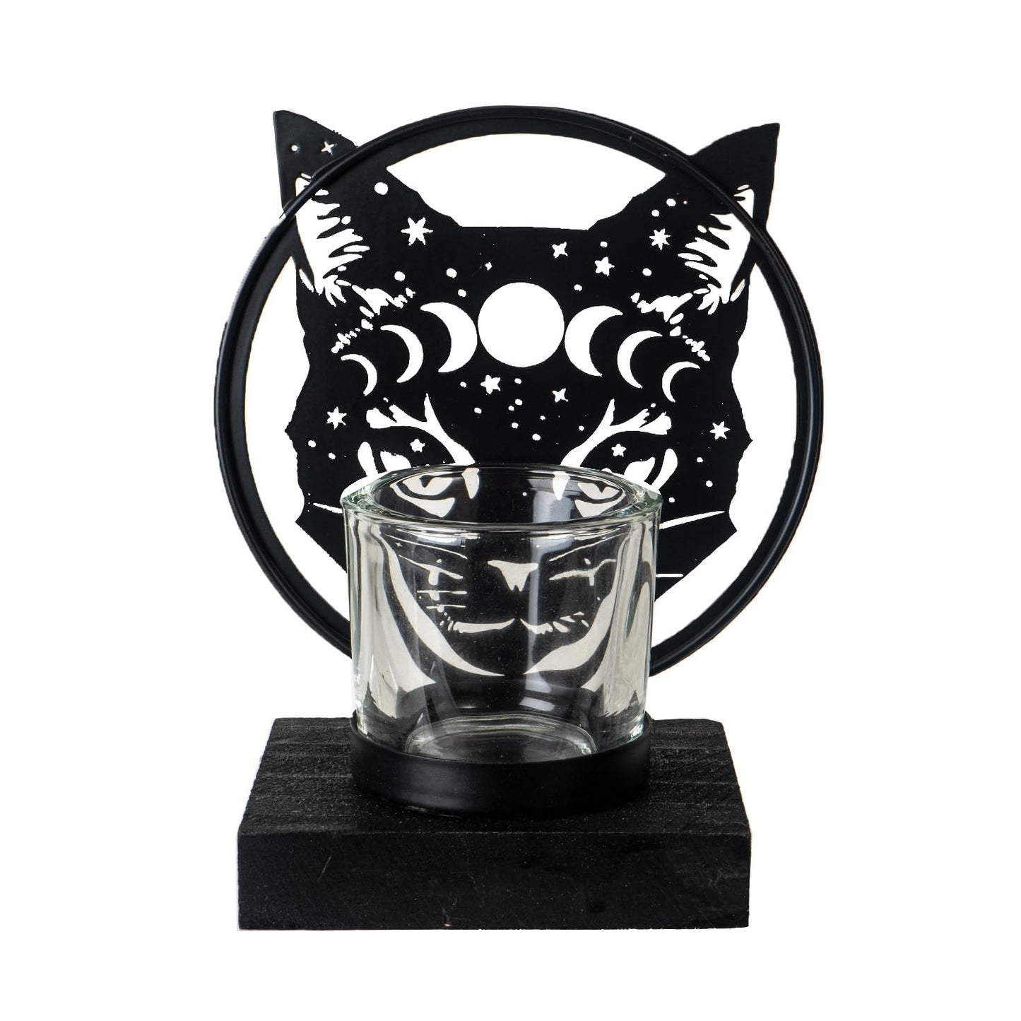 Pacific Giftware Celestial Cat Tea Light Holder by Alchemy England Mystical Silhouette with Moon Phases and Stars Perfect for Gothic or Halloween Home Decor 6" Tall
