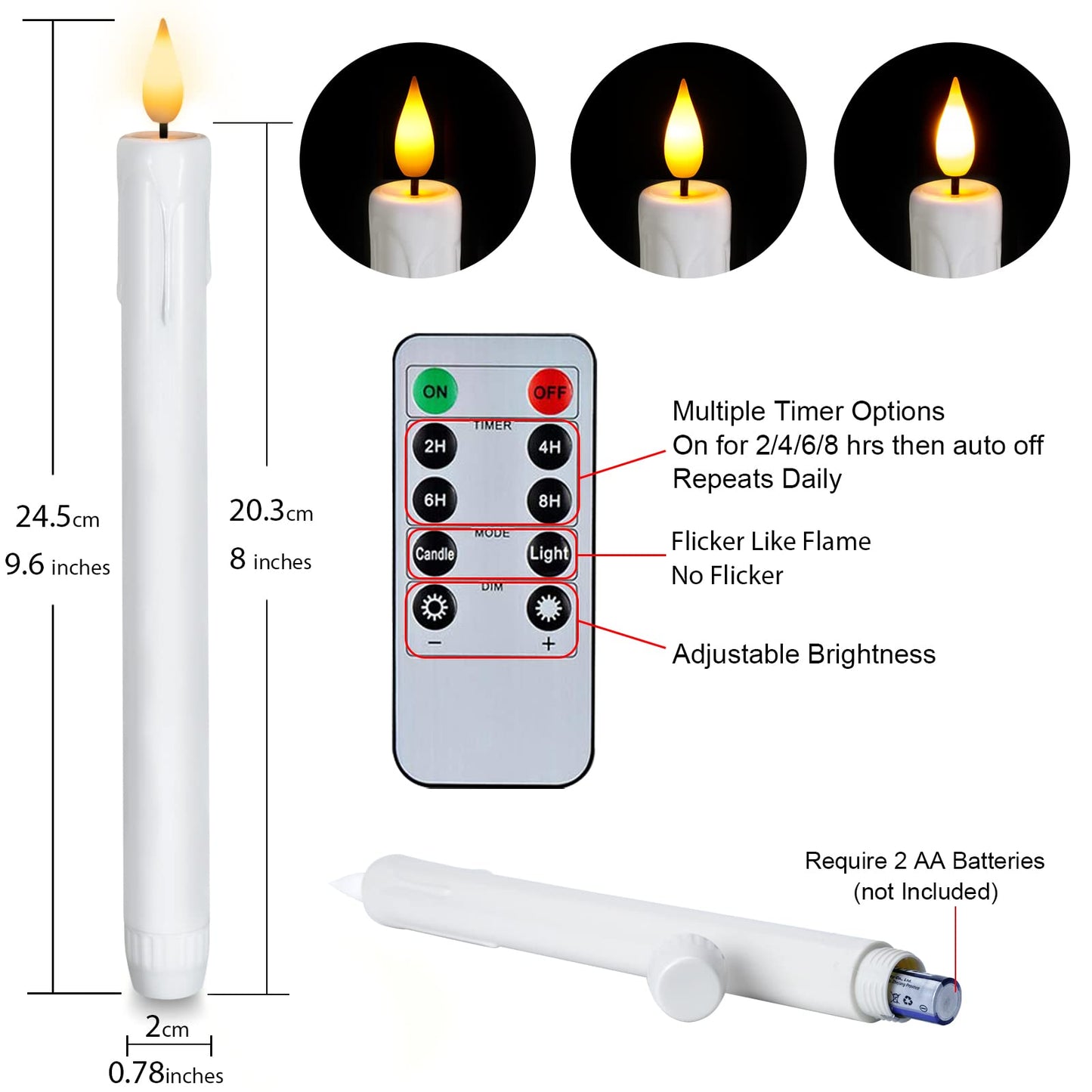 Homemory 12 Pcs Plastic Flameless Taper Candles with Remote Timer Dimmer, White Taper Candles Battery Operated with Flickering Flame Light Lifelike Led Candlesticks for Indoor Decoration 9.6 Inches