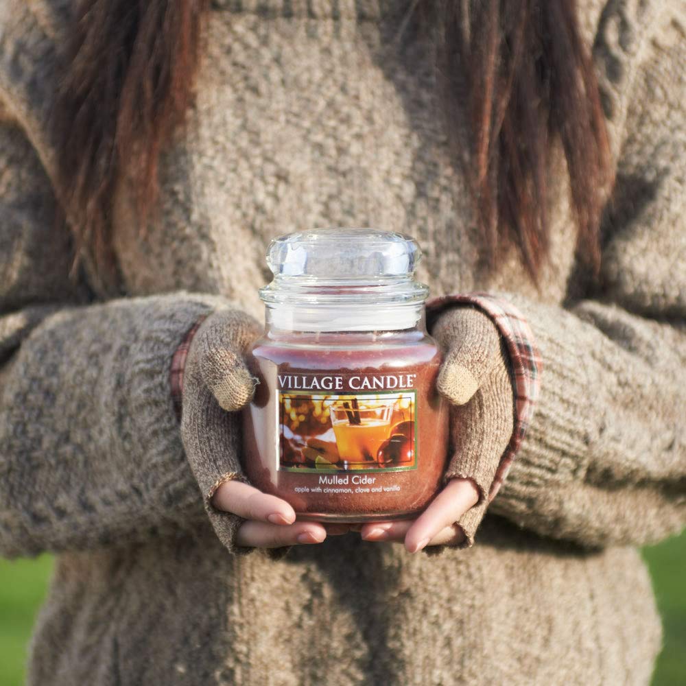 Village Candle Mulled Cider Medium Glass Apothecary Jar Scented Candle, 13.75 oz., Red