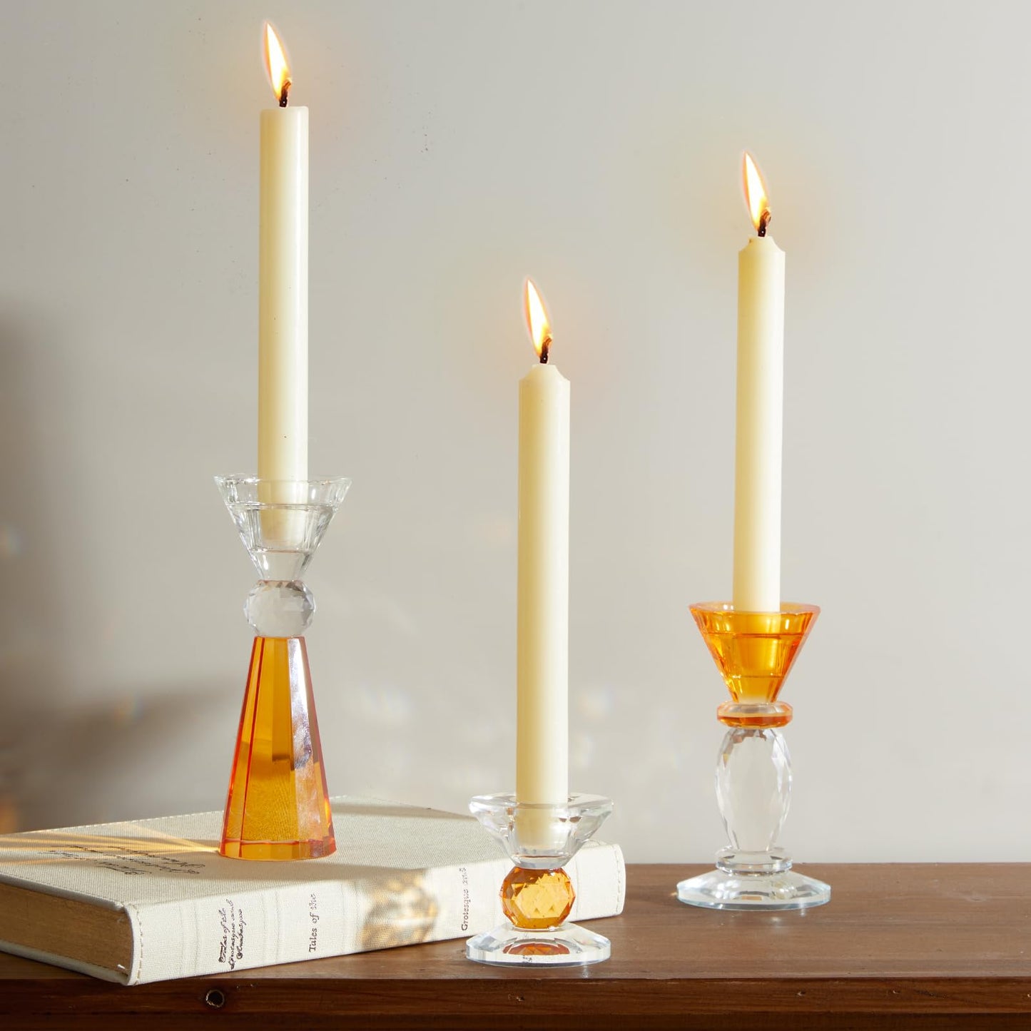 DN DECONATION Glass Candle Holder Set of 3, Candlesticks Holders Amber & Clear Crystal Tealight Candles Holder for Table Centerpiece Wedding Decorations Housewarming Gift Living Room Party