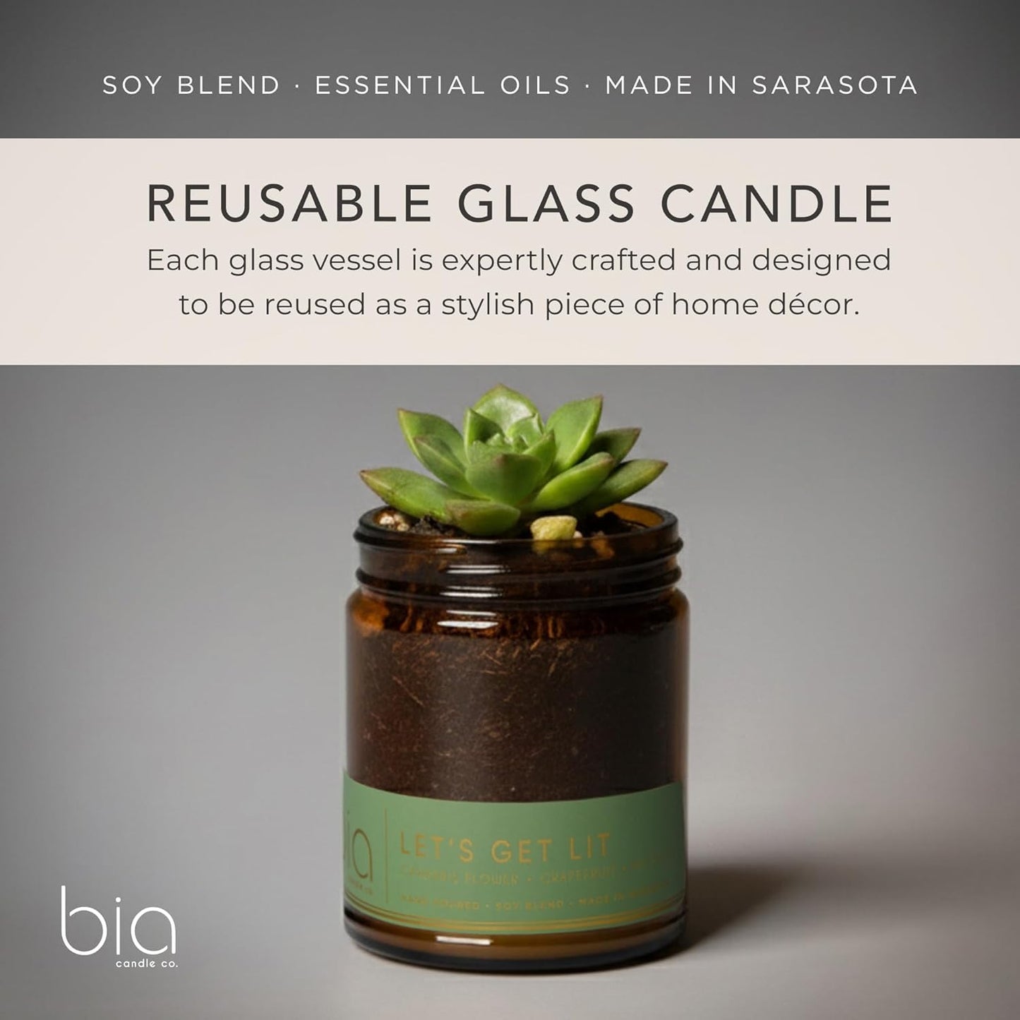 Bia Candle Co. Let's Get Lit, Patchouli Musk Soy Candle, Grapefruit Passion Fruit Black Pepper, Perfume-Inspired, High Fragrance Load, Lead-Free Wick, Reusable Glass Jar, 7 oz