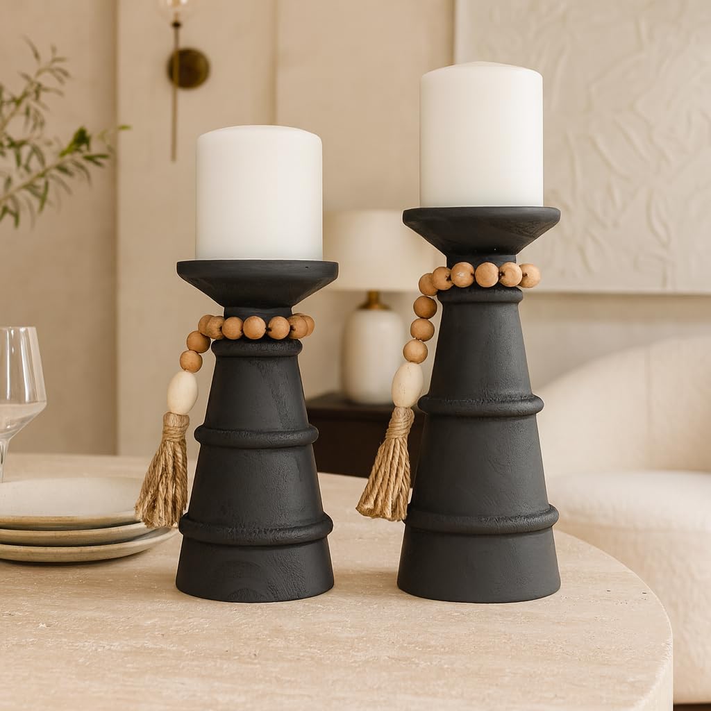 Deco 79 Wood Handmade Decorative Candle Holder Textured Matte Candle Stand with Beaded Garland Accent, Set of 2 Candlestick Holder 10", 8" H, Black