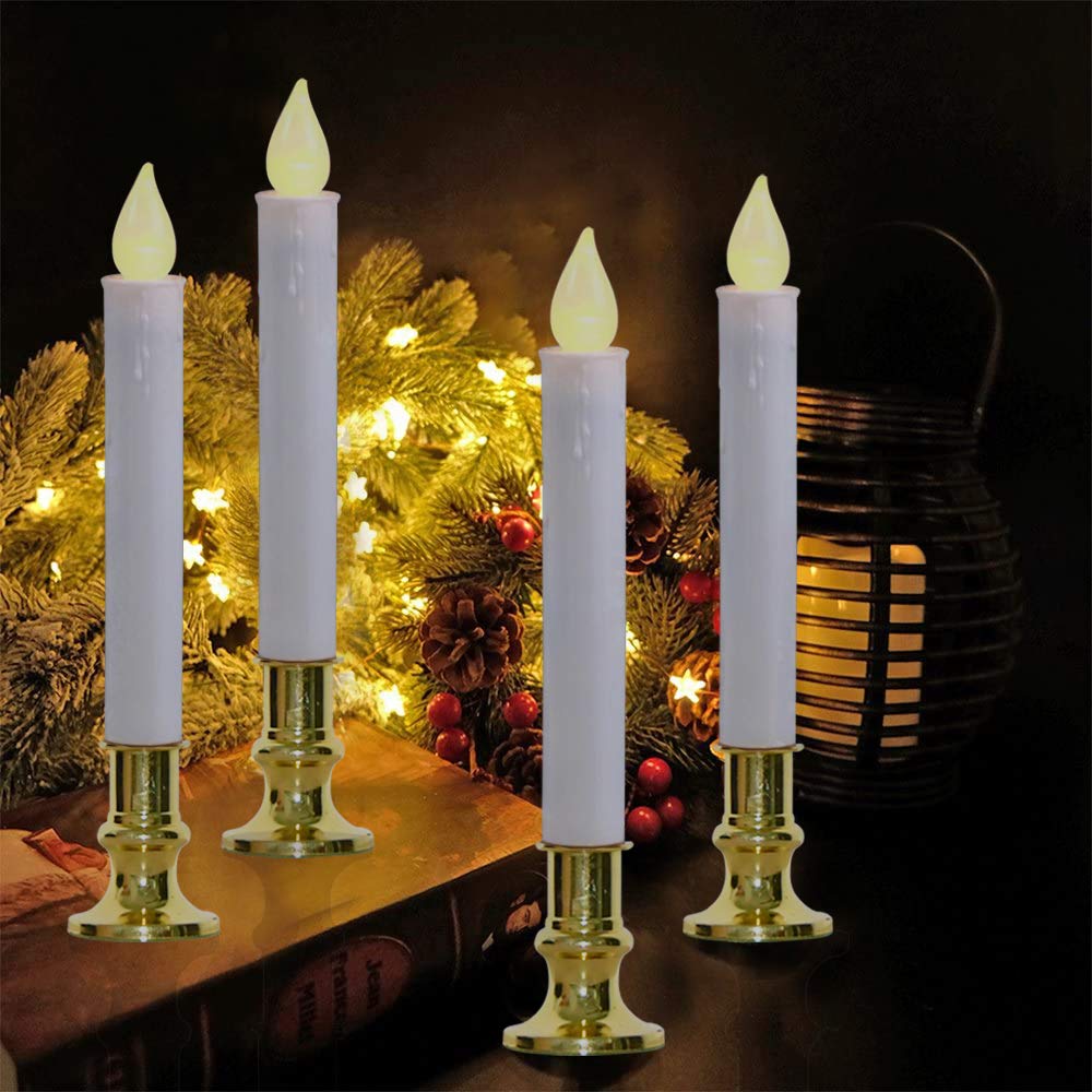 GOOTHY Christmas Window Candles Lights, Automatic Timer LED Flickering Candle Lights with Gold Base (6/18 Hour Timer), 9'' LED Battery Operated Candles for Indoor Table Party Decor- Set of 4