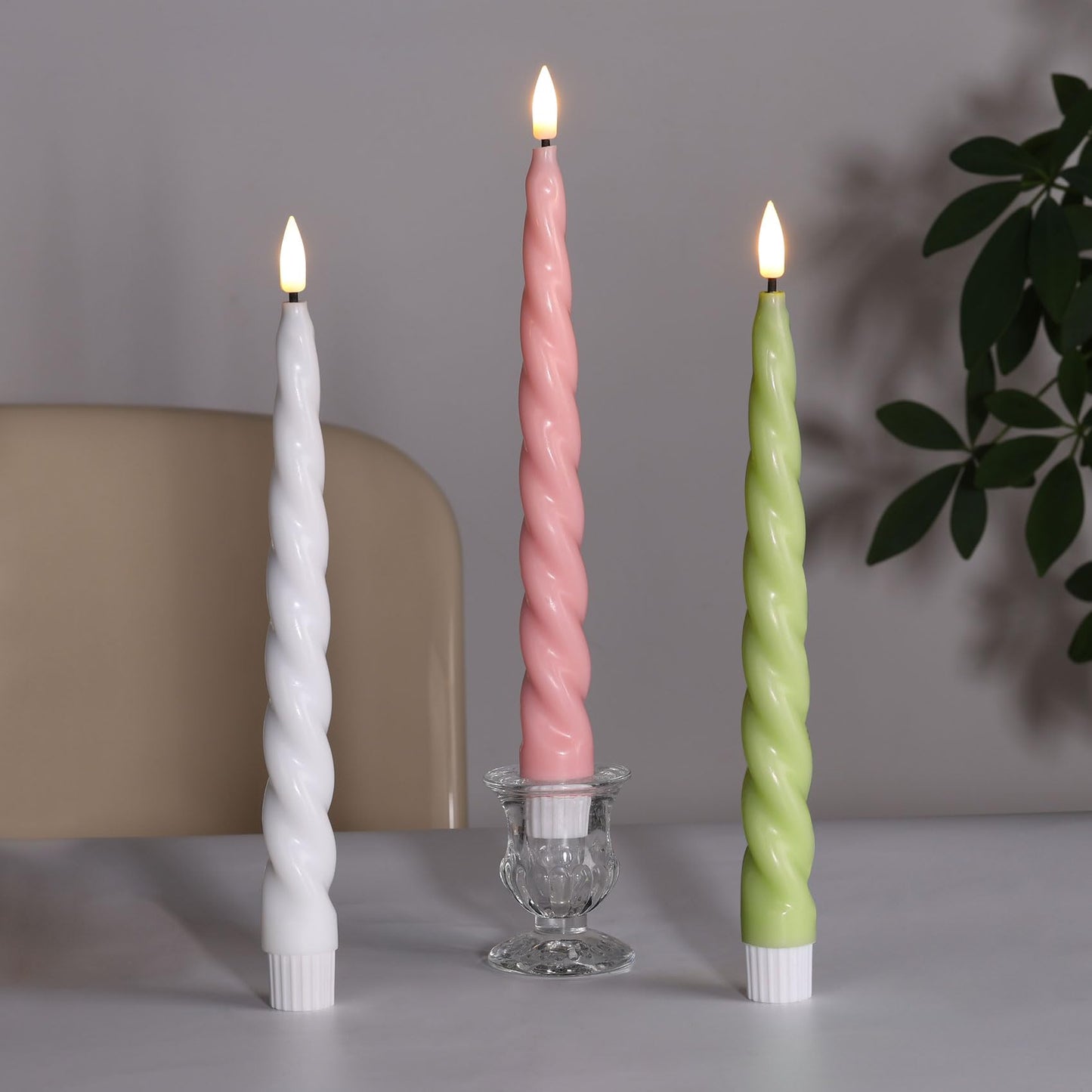 Girimax White Flameless Taper Candles with Remote, Spiral Candles Battery Operated, Flickering LED Wax Candlesticks Set of 6