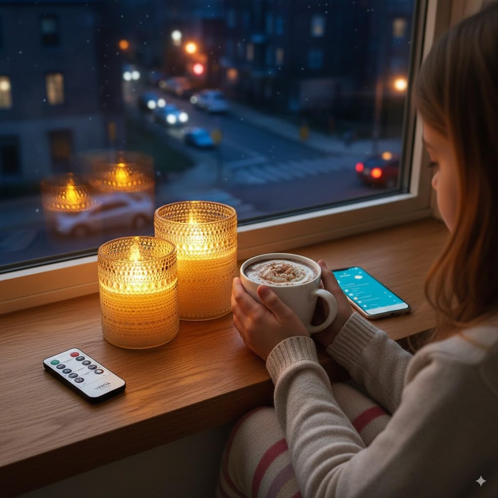 VENTA Beyond The Flame Mesmerizing Dotted Glass Candles | Set of 2 Ivory LED Pillars | Create a Magical, Worry-Free Glow with Remote & Timer | Perfect for Home, Holiday & Wedding Ambiance