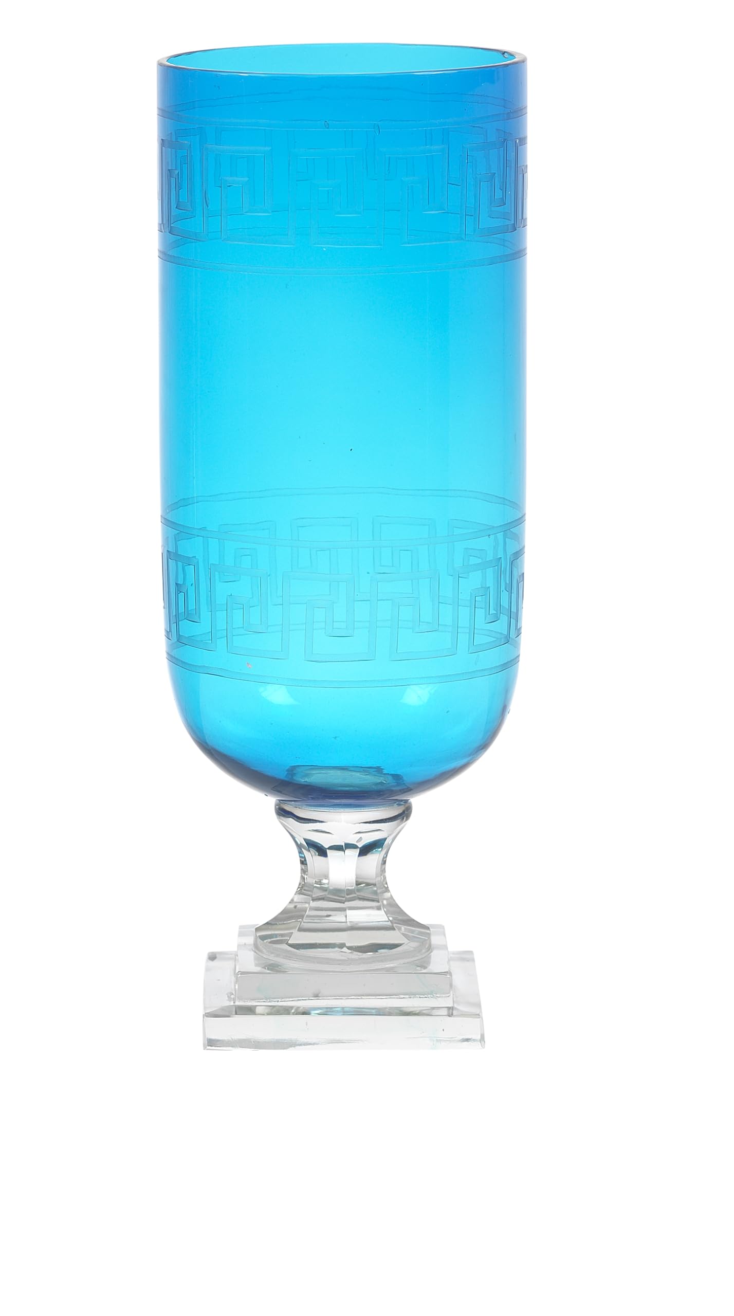 Aqua Greek Key Glass Hurricane Lamp Lantern, Set of 2 Candle Holder Vase