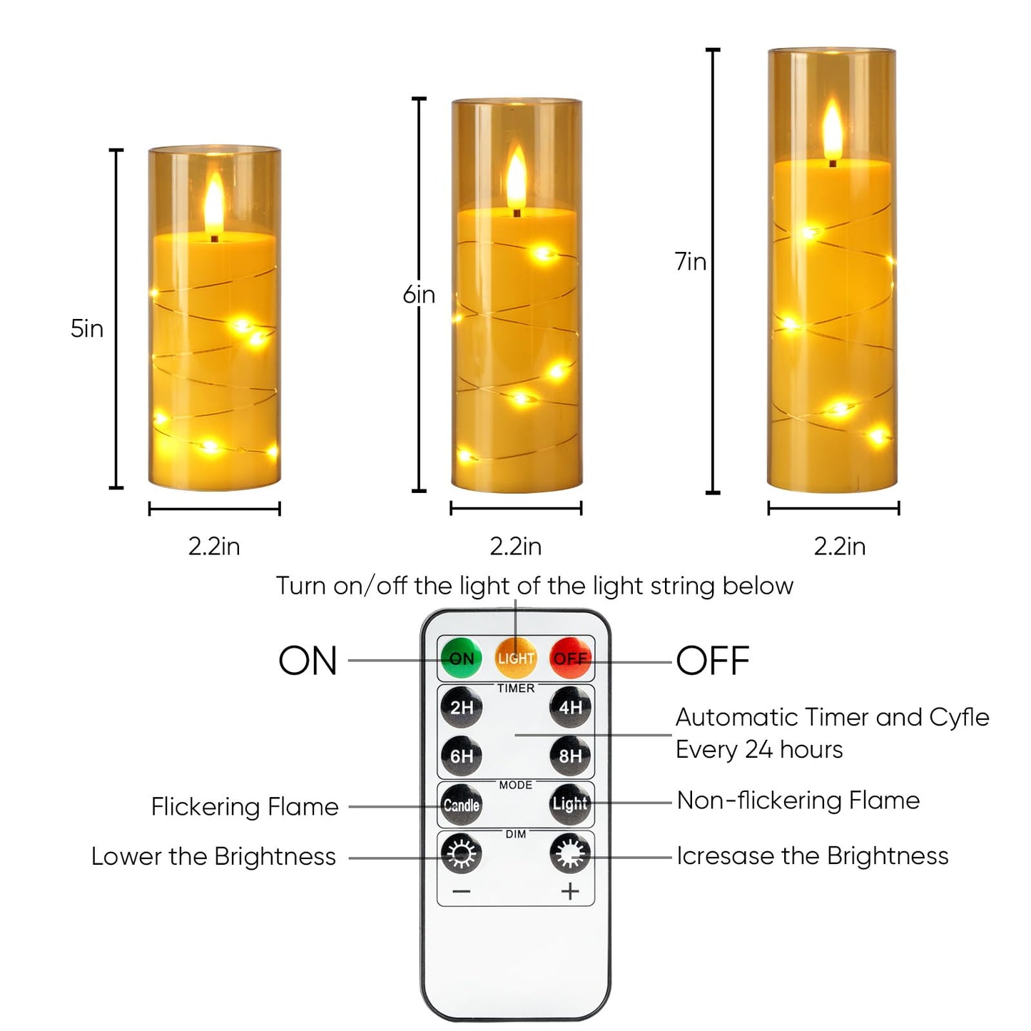 Homemory 12Pcs Flameless Candles with Star String Fairy Lights, Flickering Battery Operated Candles, LED Fake Candles with Remote and Timer, Christmas, Weddings, Home Decor, Gold