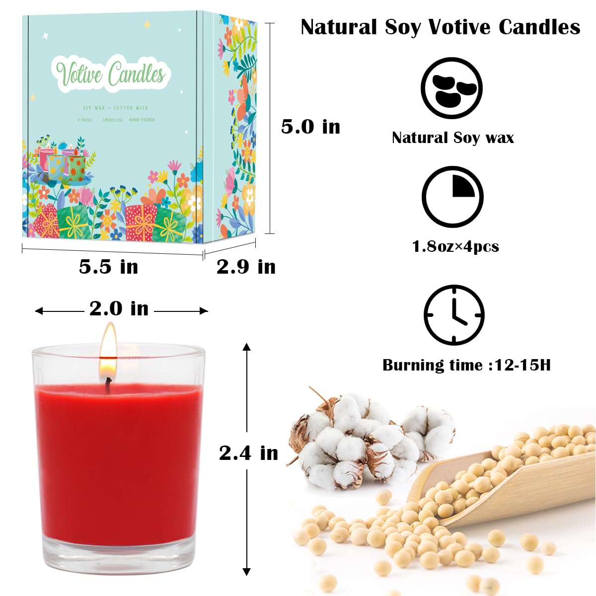 Set of 4 Red Votive Candles, Clear Glass Filled Unscented Soy Wax Candle for Home Décor Weddings Spa Holidays Party and DIY