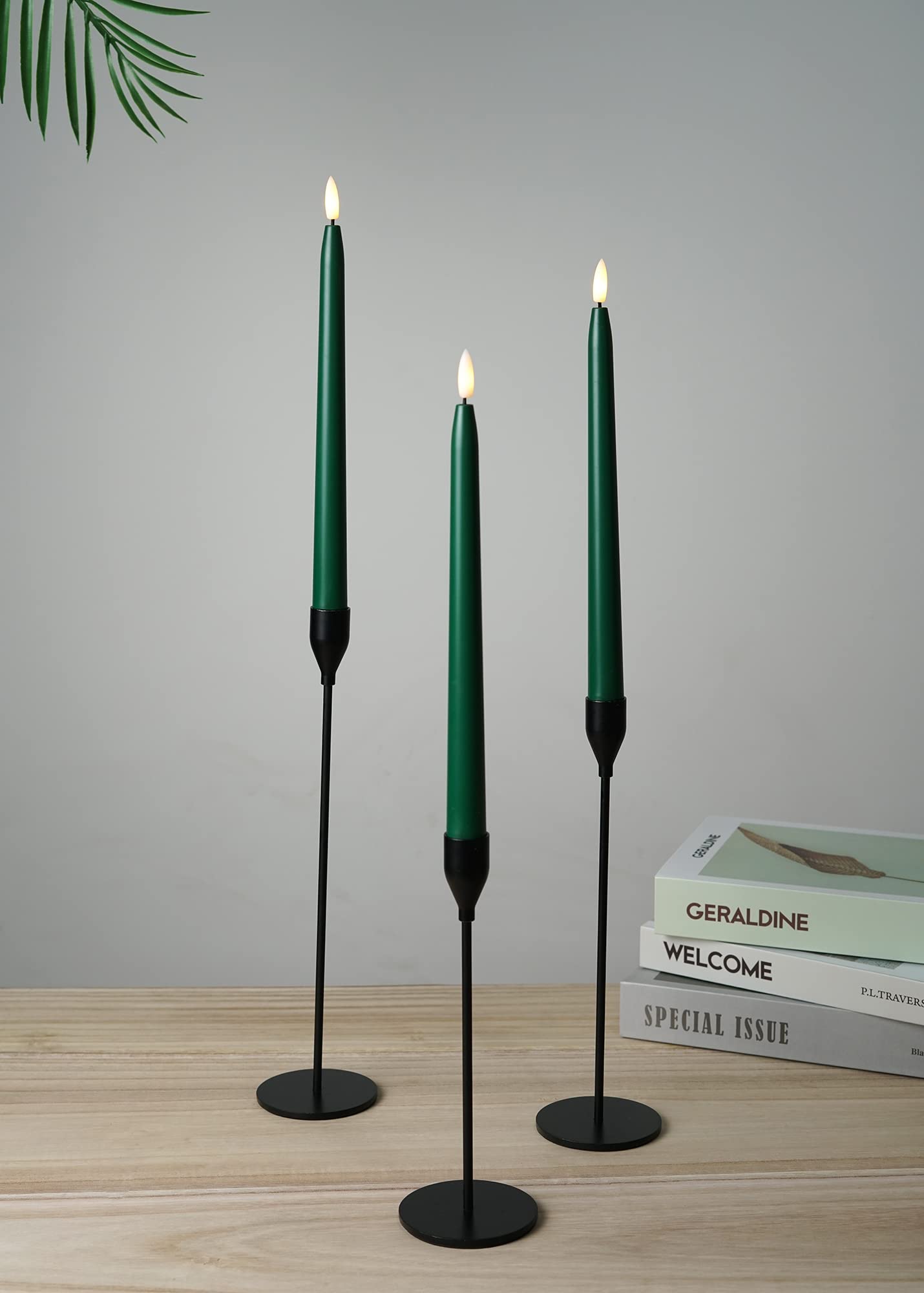 Stmarry Green Flameless Taper Candles with Remote Control - 11 Inch LED Candlesticks Battery Operated, Realistic 3D Flame with Wick, Timer, Christmas Decor - Set of 6
